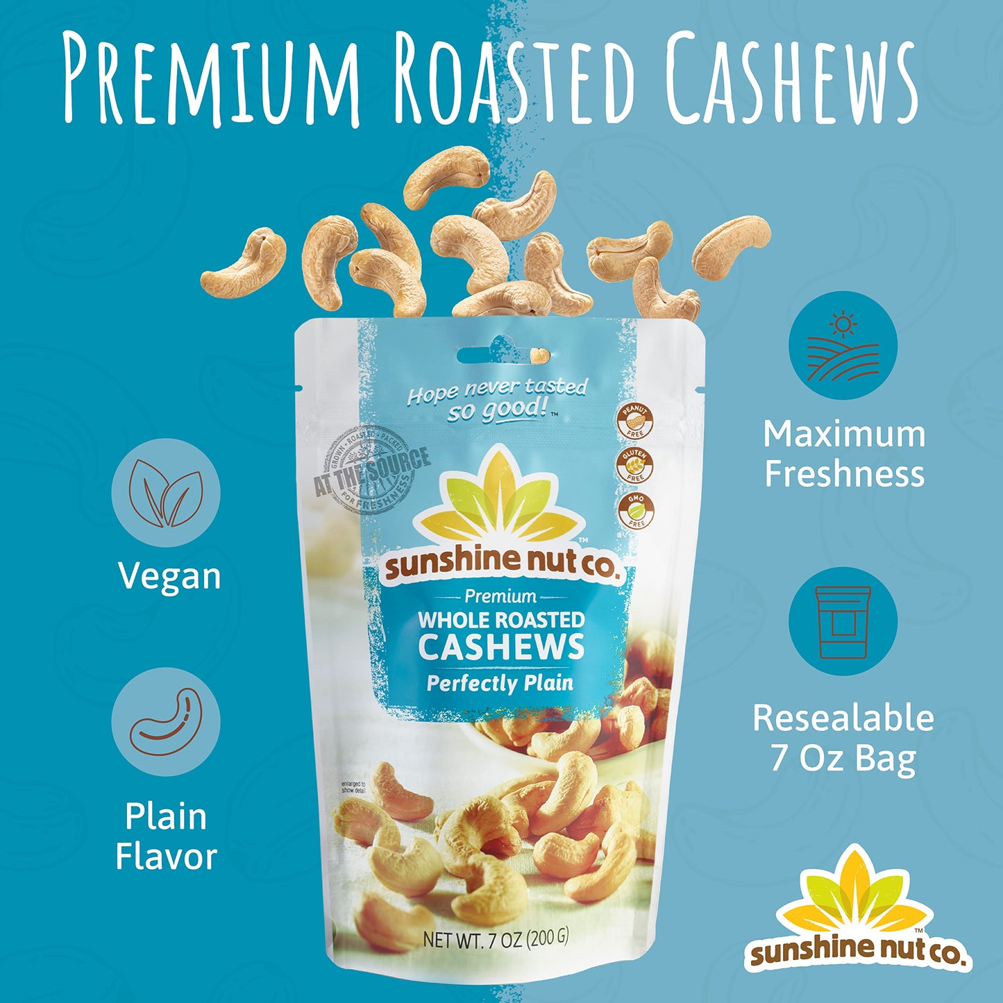Sunshine Nut Company Whole Roasted Cashews, Perfectly Plain Flavor, No Added Salt, 2 Pack, 7 oz. Each, Gluten Free, Peanut Free