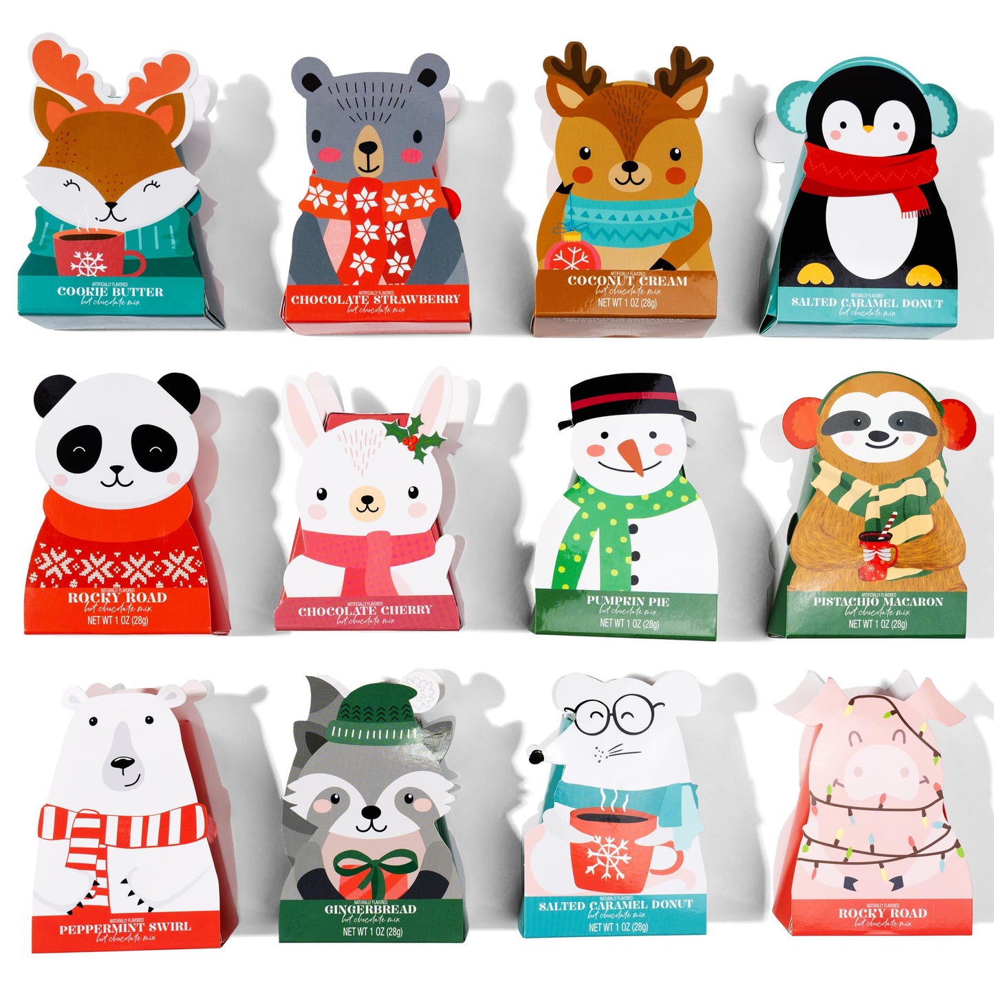 Thoughtfully Gourmet, Hot Chocolate Gift Set In Holiday Character Packaging, Flavors Include Rocky Road, Cookies Butter, Pumpkin