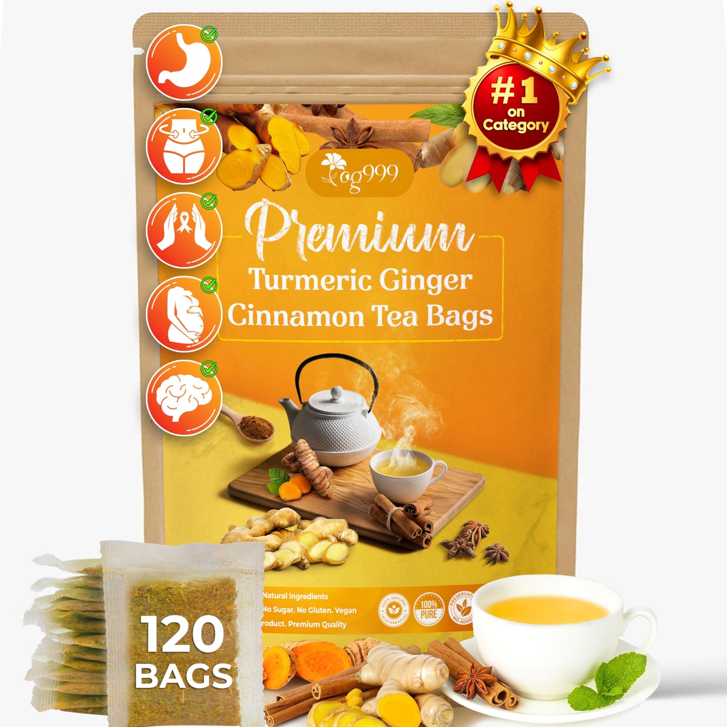 TOG999 Turmeric Ginger Cinnamon Tea - 120 Eco-Conscious Bags, No Sugar, Caffeine, Gluten, Vegan, Supports Digestion and Well-being
