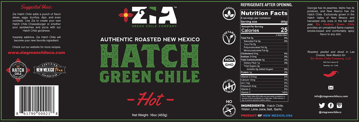 Zia Green Chile Company Original Hatch Green Chile - Flame-Roasted & Diced, Vegan & Gluten-Free, 16oz