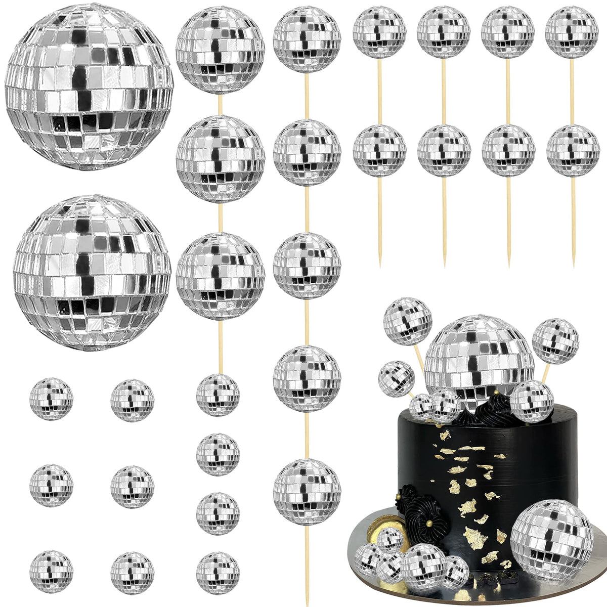 28 Pcs Disco Ball Cake Toppers Disco Ball Cake Decorations 70'S Disco Cake Centerpiece Decor Disco Theme Cake Picks For Table De