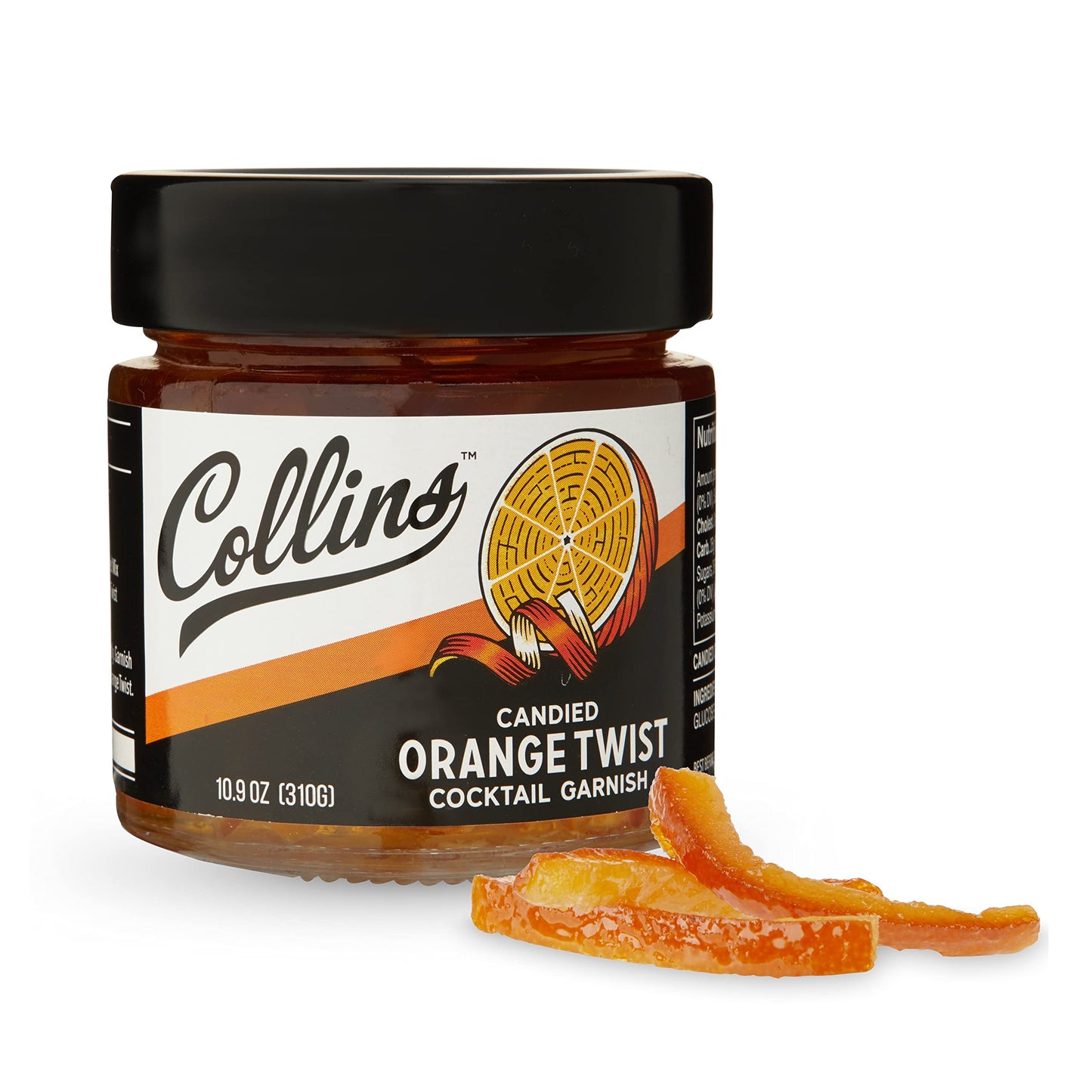 Collins Candied Fruit Orange Peel Twist In Syrup - Popular Cocktail Garnish For Skinny Margarita, Martini, Mojito, Old Fashioned Drinks, Peel For Baking, 10Oz