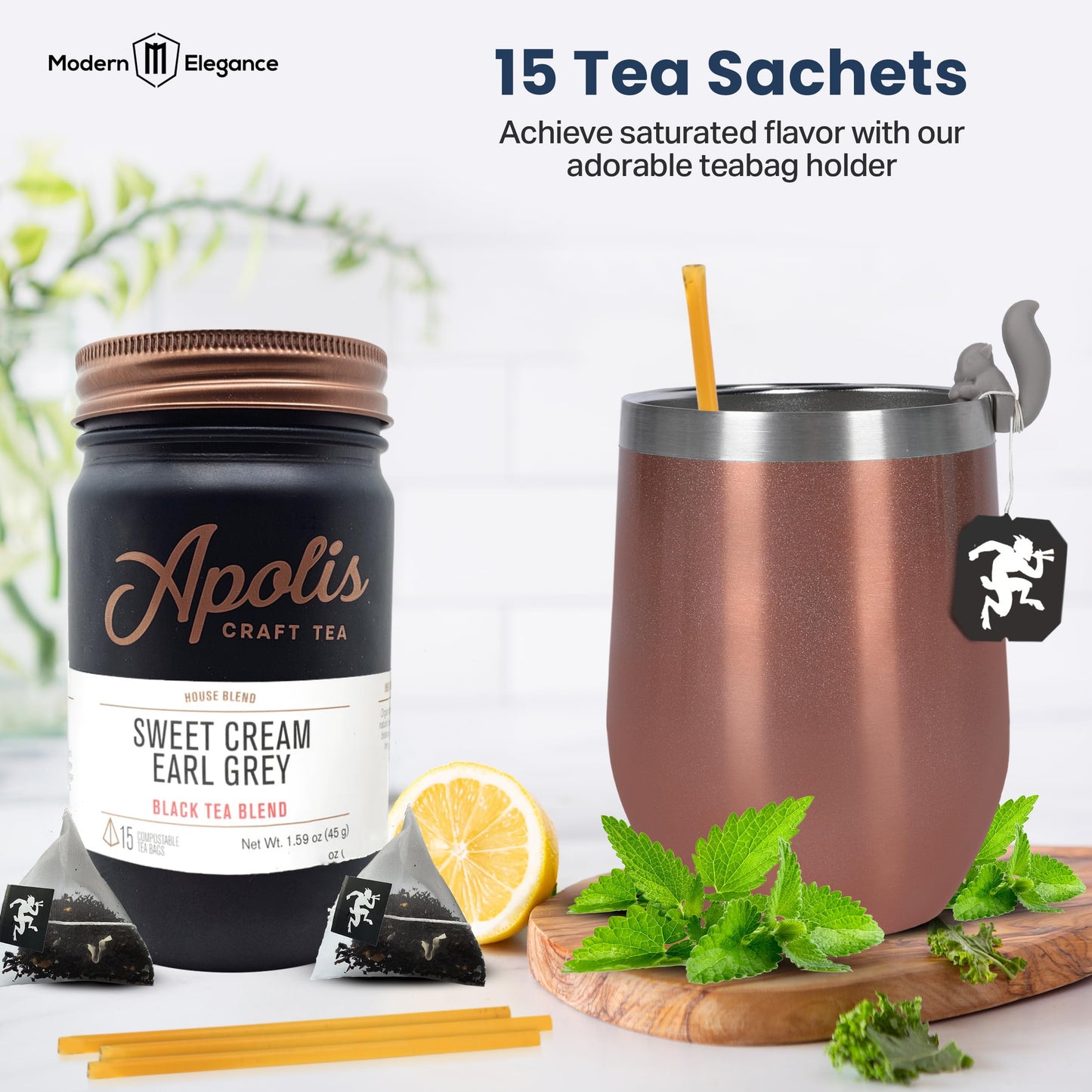 Modern Elegance Tea Gift Set for Women - Includes 15 Tea Sachets, 10 Honey Straws, Cozy Socks, Tea Bag Holder, Strainer, and Greeting Card