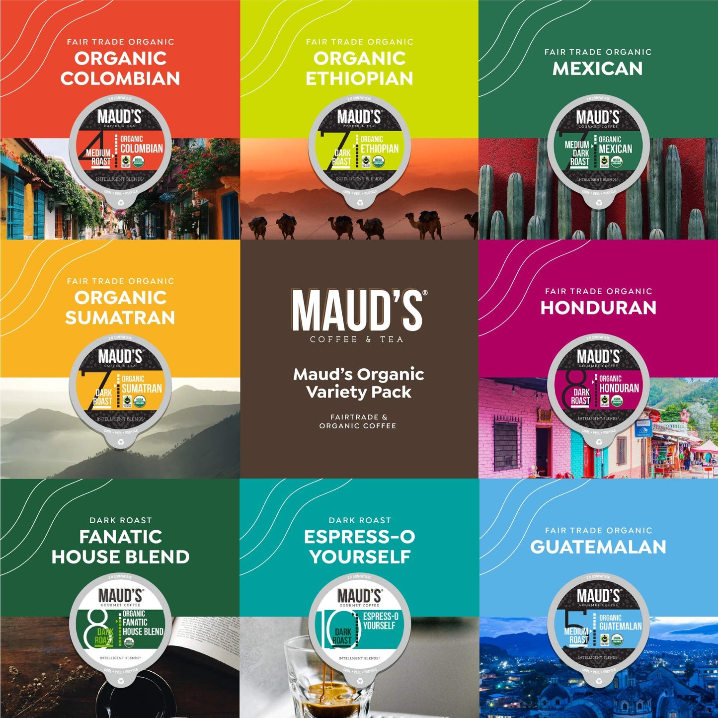 Maud s Organic Coffee Pods Variety Pack, 56 ct, 8 Assorted Flavors, Recyclable Single Serve Pods - 100% Arabica Coffee, Compati
