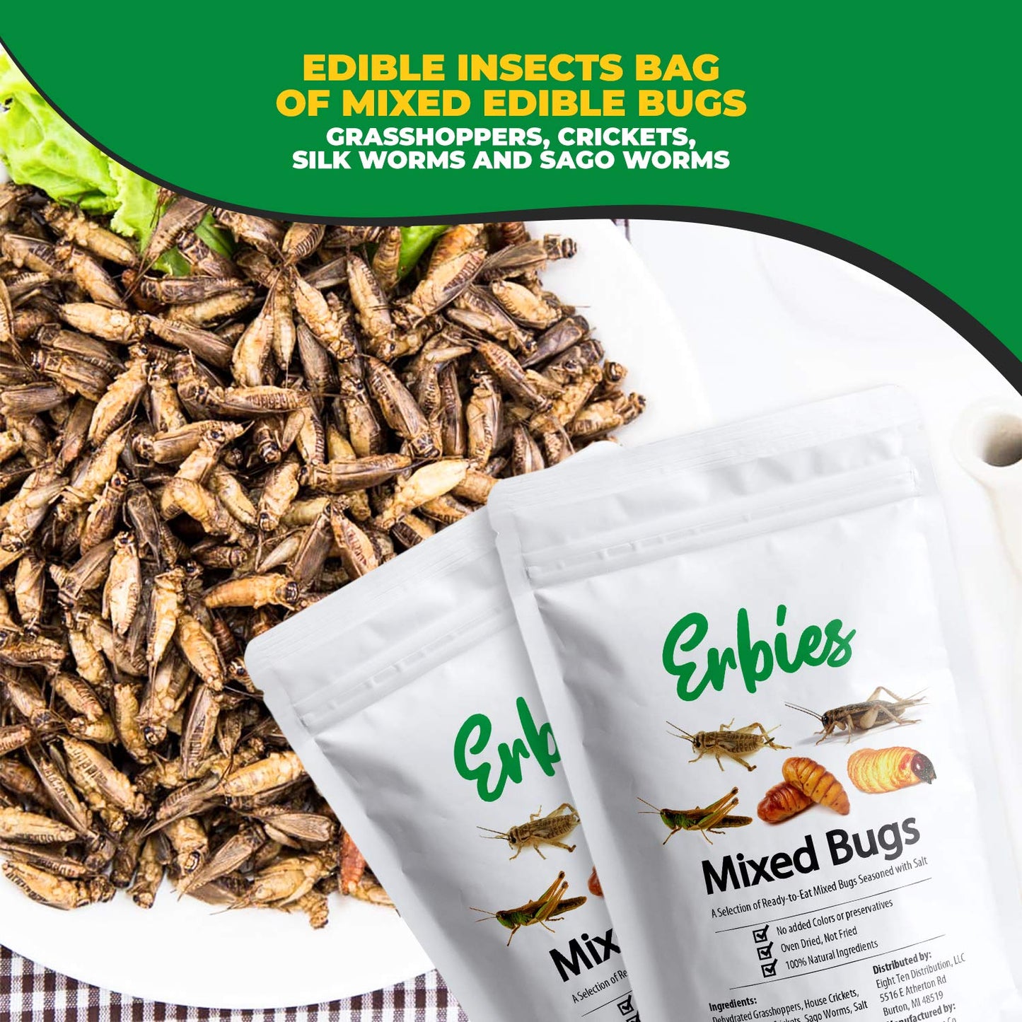 Erbies Edible Bug Mixed Trail Mix, 15g Bag, Seasoned and Crunchy Insects, Crickets, Grasshoppers, Silkworm Pupae, and Sago Worms
