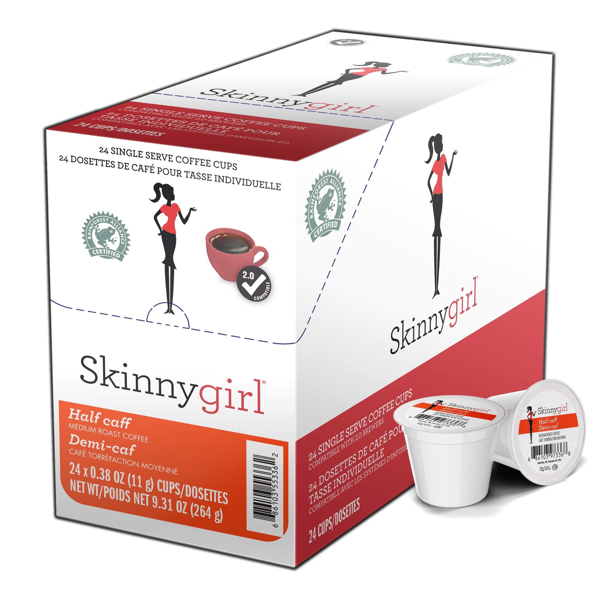Skinnygirl Half Caff Coffee Pods, Medium Roast, 24 Count, Compatible with Keurig K Cups