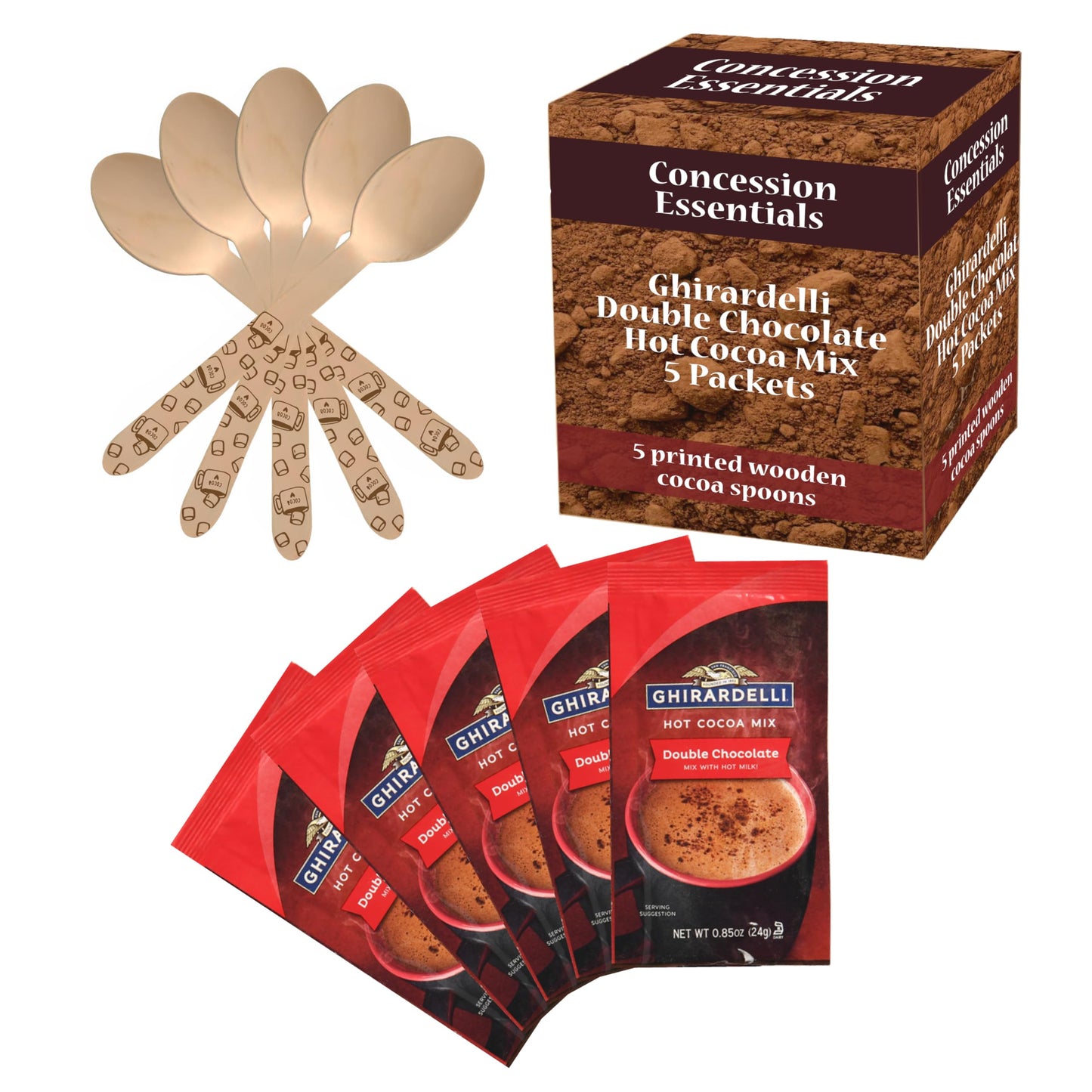 Concession Essentials Ghirardelli Double Chocolate Hot Cocoa Mix Packets  5 Pack With Printed Wooden Spoons