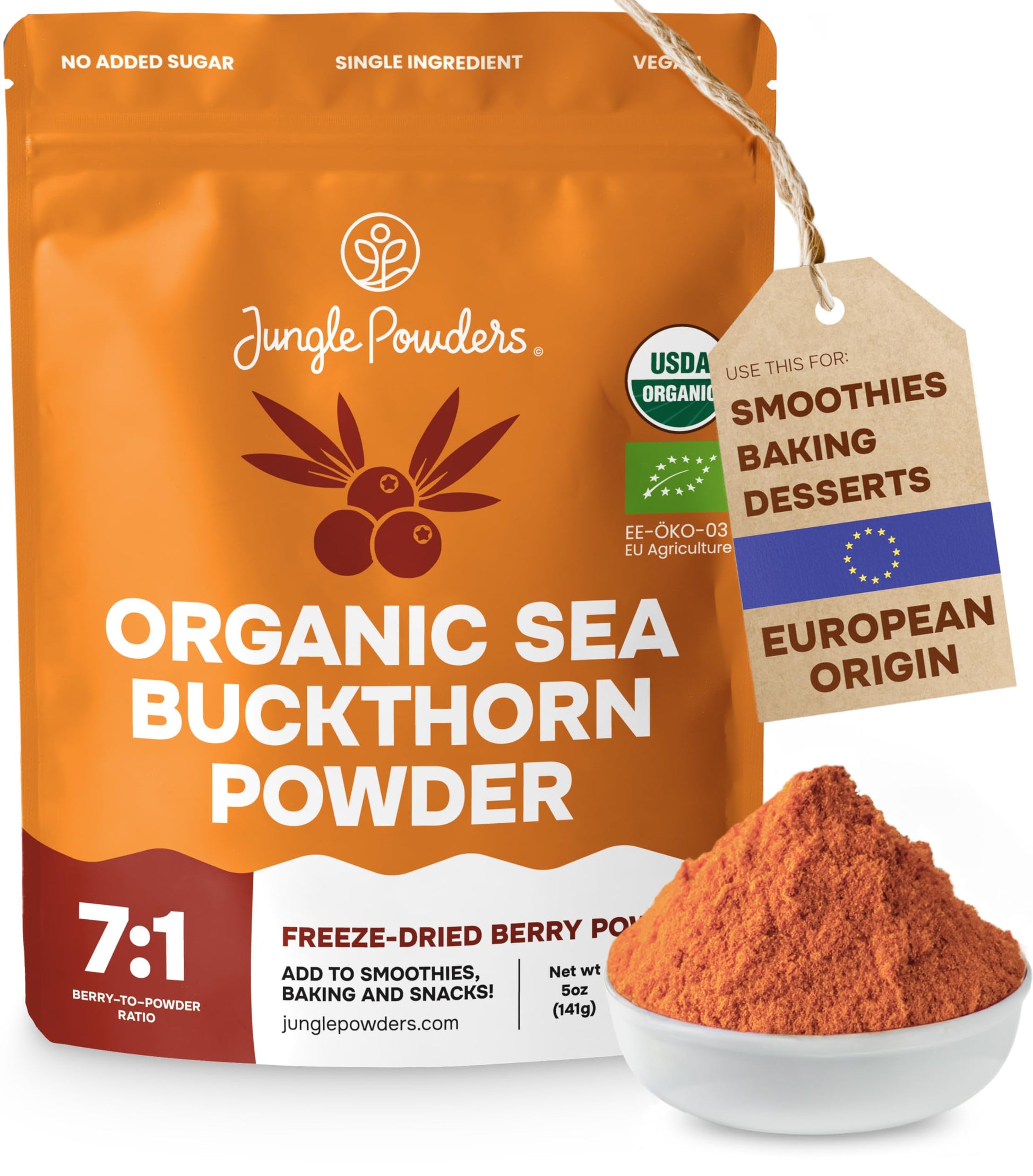 Jungle Powders Sea Buckthorn Berry Powder Organic 5 Ounce Bag - Antioxidant-Rich USDA Certified Freeze Dried Seabuckthorn High i