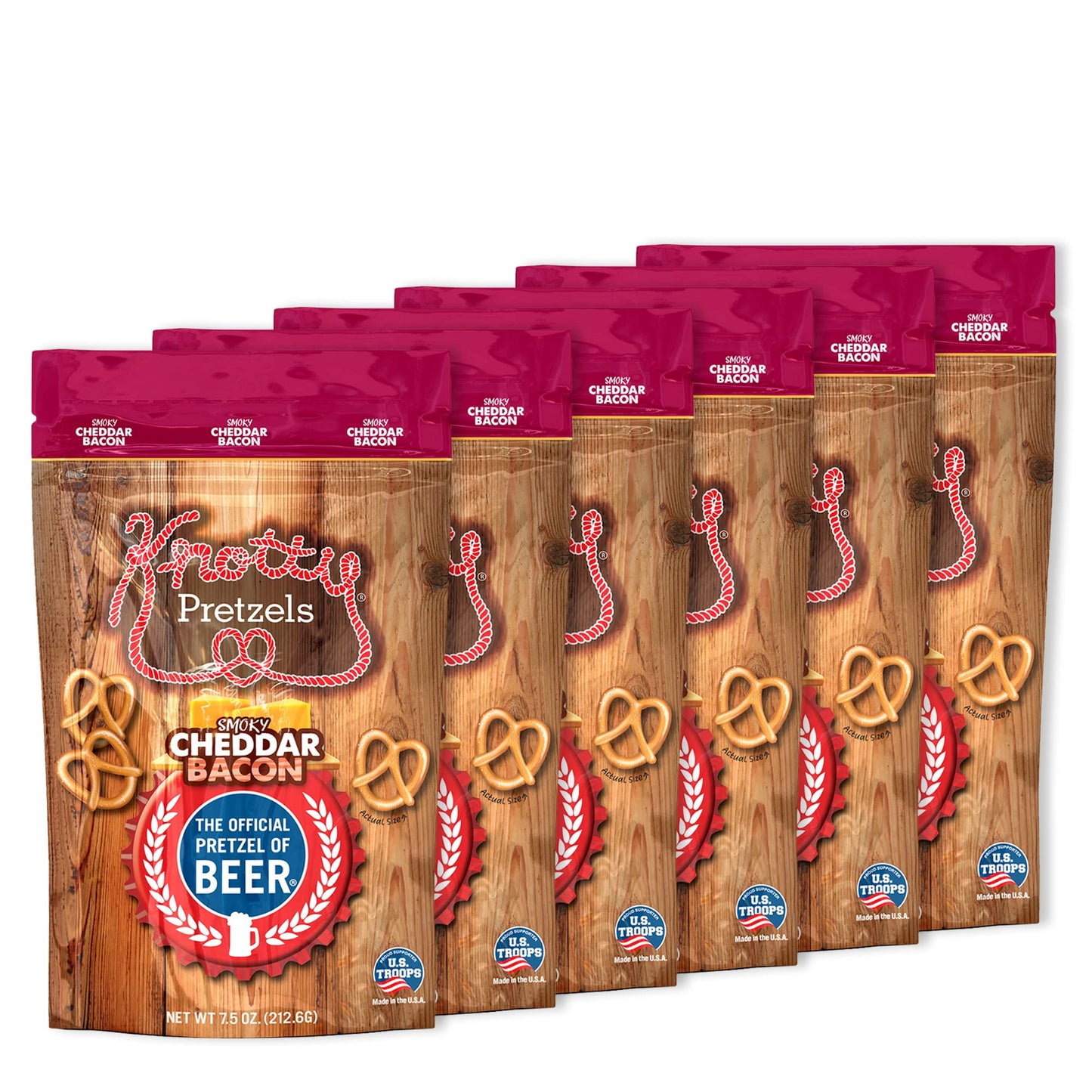 Knotty Pretzels Seasoned Pretzels, Cheddar Bacon Flavor, 7.5 oz (Pack of 6) - Resealable Snack Bags
