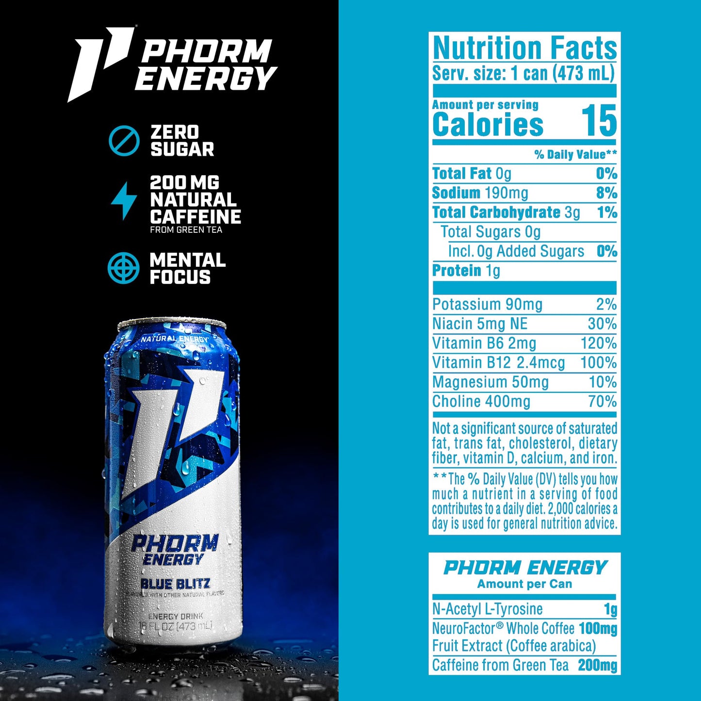 Phorm Energy Drink  Blue Blitz Flavor  200 MG Natural Caffeine From Green Tea  Sugar Free Carbonated Drink With Electrolytes & Vitamin B12  Dairy & Gluten Free  Vegan  16 FL Oz Cans  12 Pack