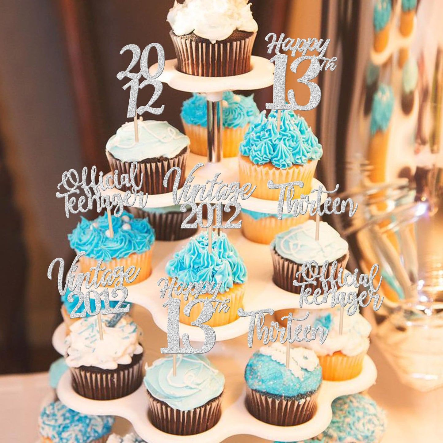 ZHUOWEISM 30PCS Cupcake Toppers for 13th Birthday Party Decorations Silver