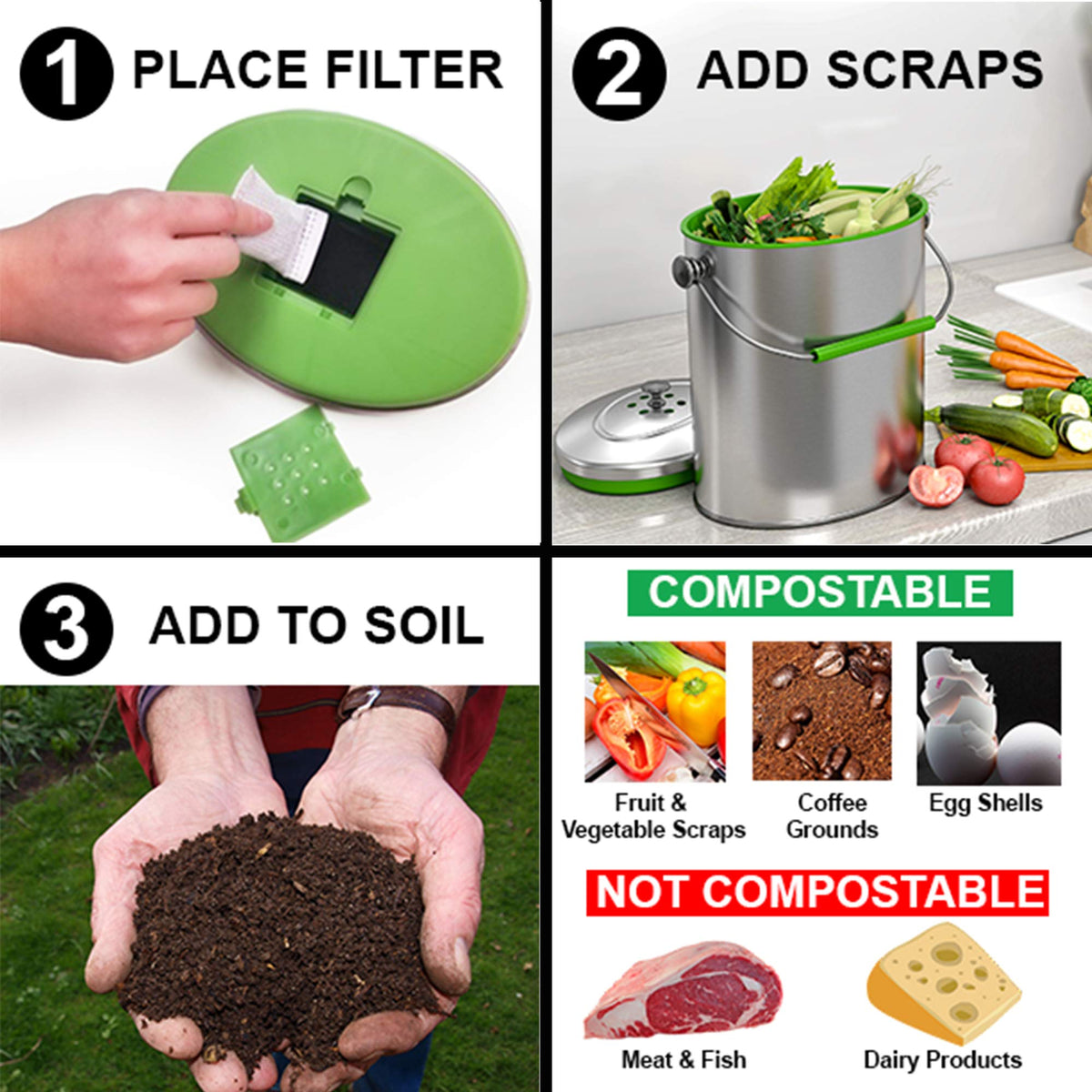 Itouchless Stainless Steel Compost Bin 16 Gallon Includes Absorbx Odor Filter System, Pest-Proof, Titanium Rust-Free Space-Effic