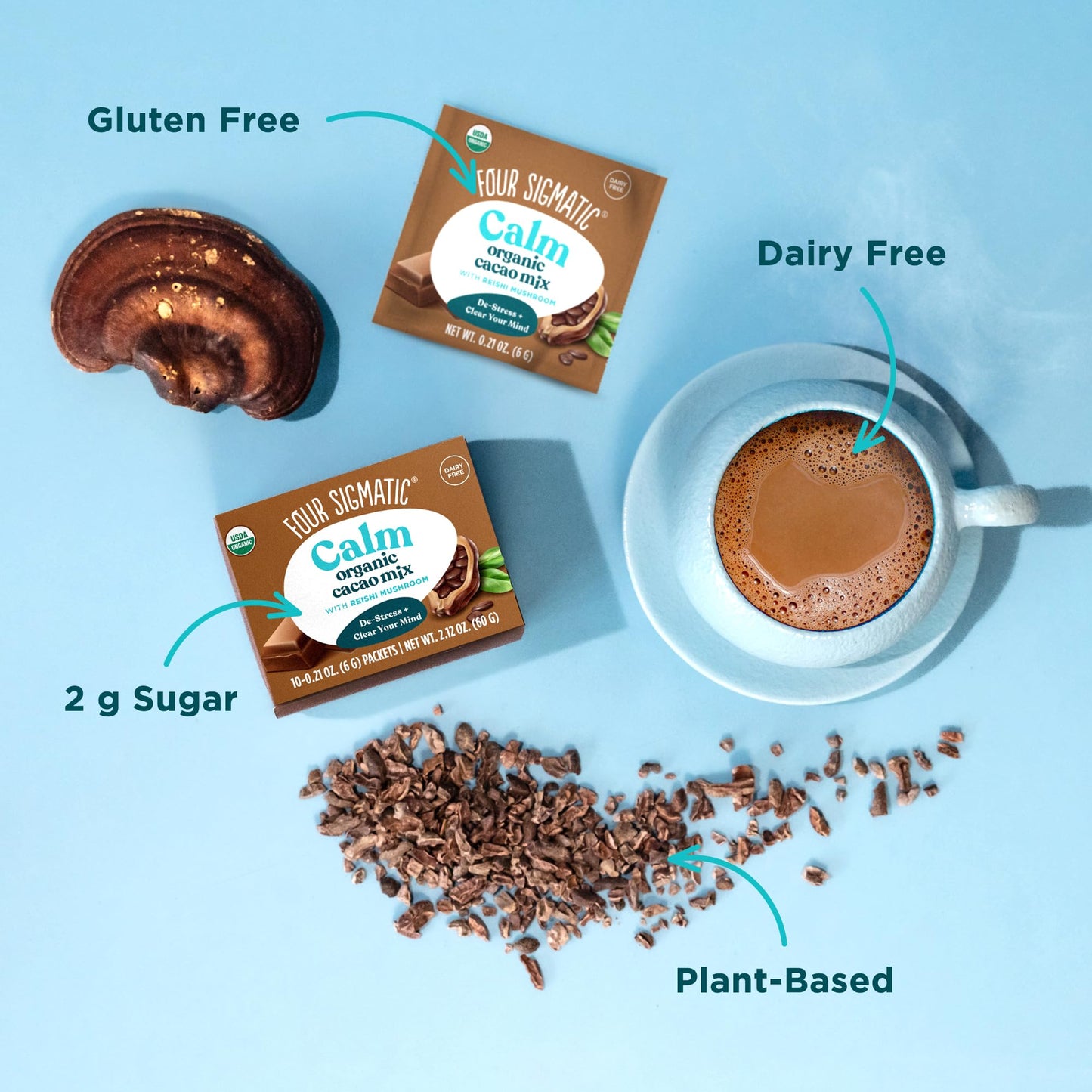 Mushroom Hot Cacao Mix with Reishi by Four Sigmatic - Organic Reishi Mushroom, Cinnamon, Cardamom, Stevia, & Cacao. Reduces Anxi