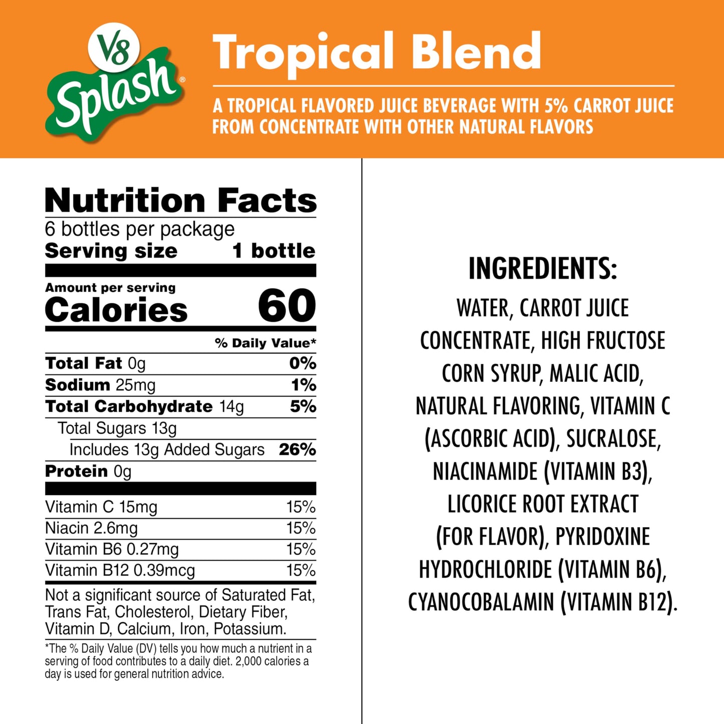 V8 Splash Tropical Blend Juice Beverage, 12 Fl Oz Bottle, Pack of 6