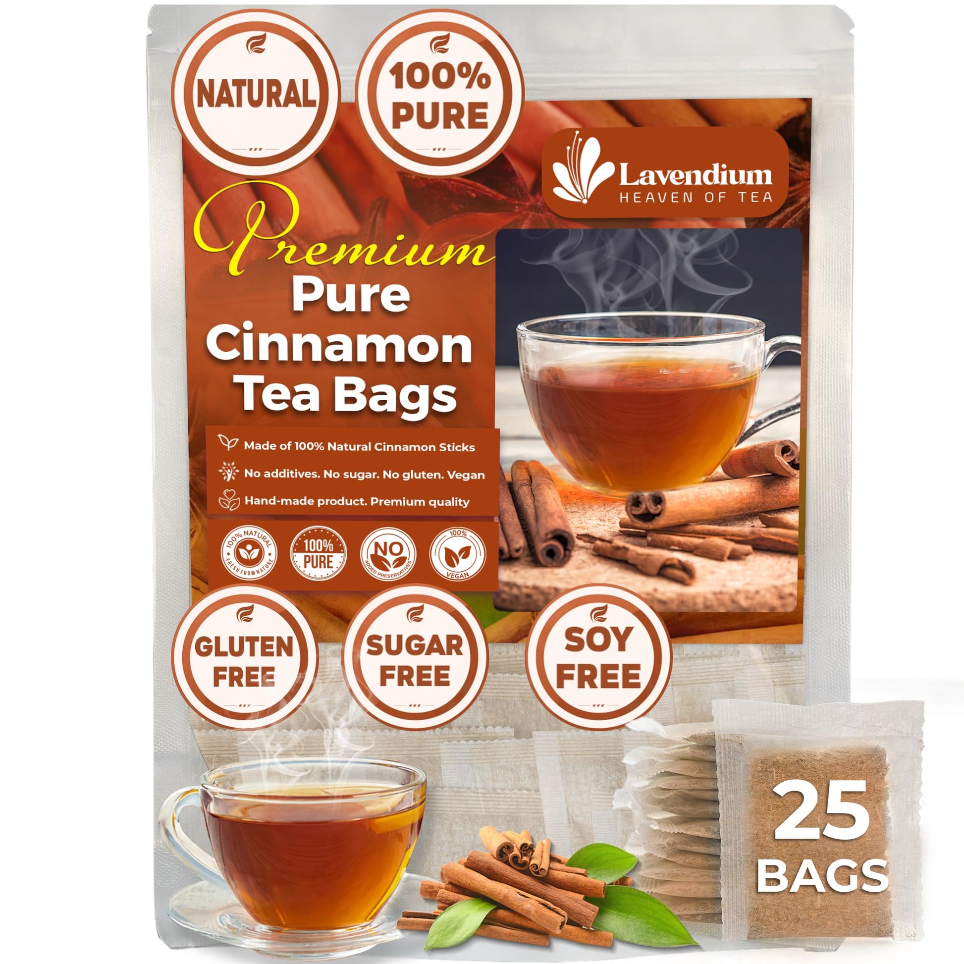 Lavendium  25 Pure Cinnamon Tea Bags  Made Of 100% Natural Cinnamon Sticks  Herbal Tea  No Additives  No Energy Blend  No Gluten  Vegan.