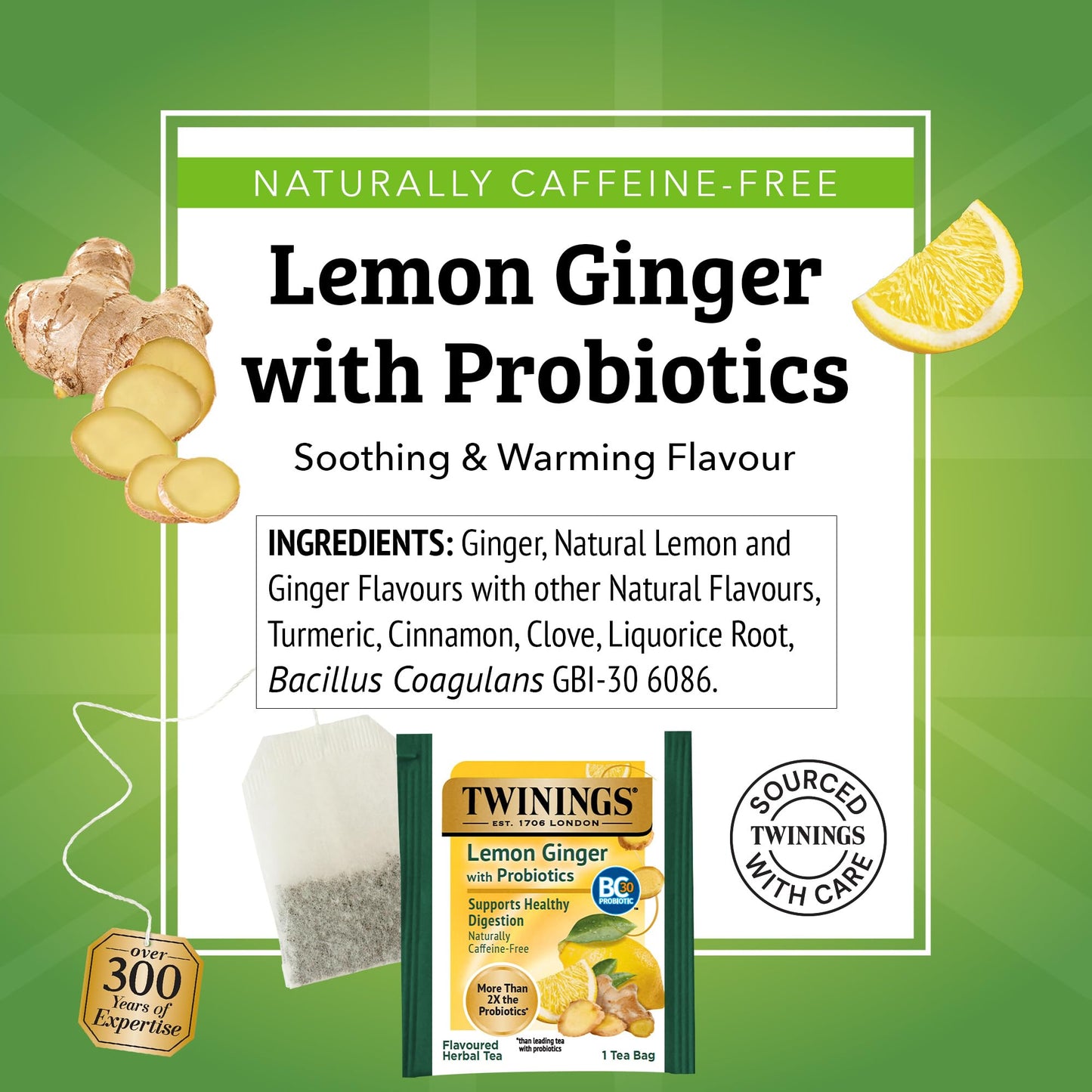 Twinings Herbal Tea, Probiotics+ Lemon & Ginger, Caffeine-Free, 18 Bags, Pack of 6, Yellow