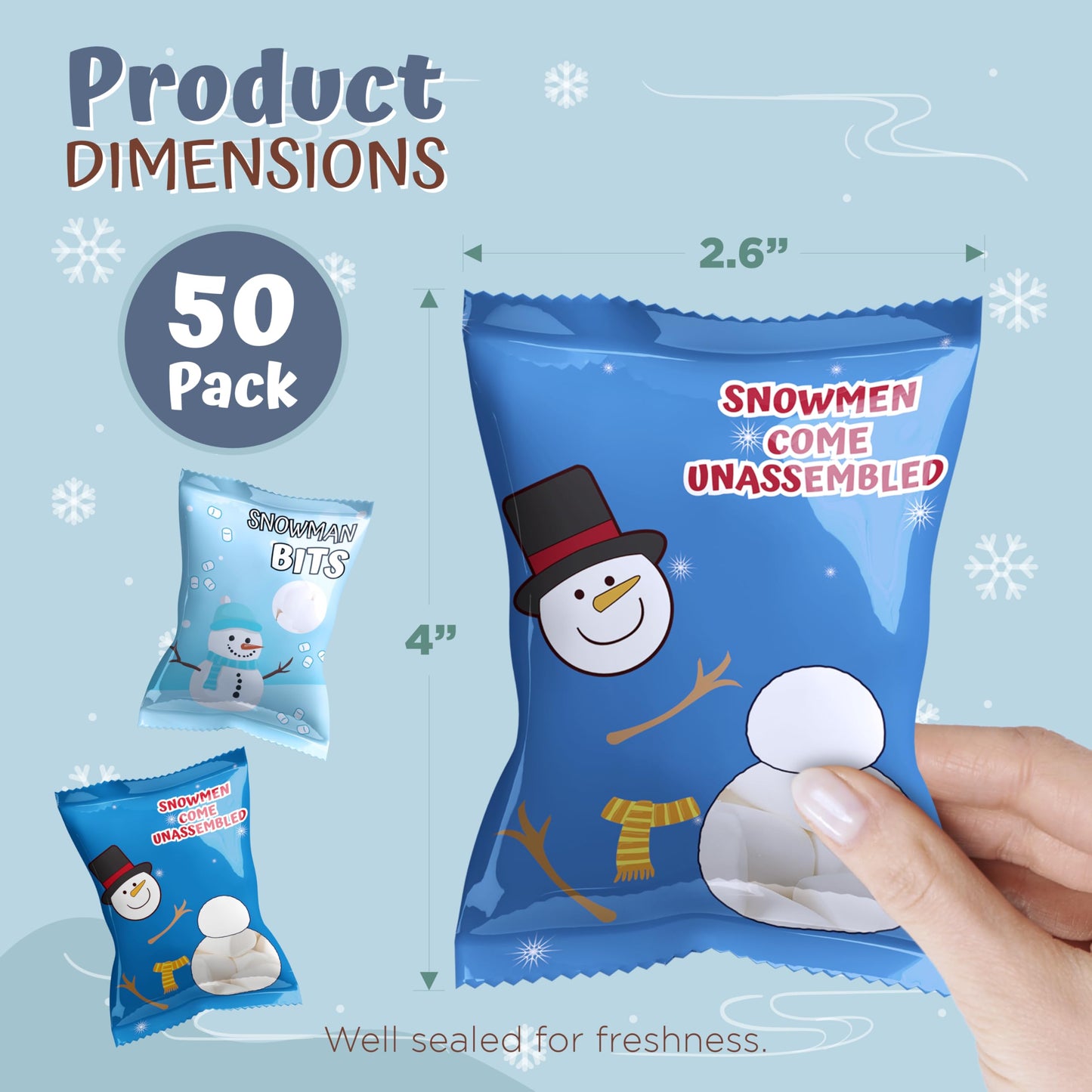 4Es Novelty 50 Packets Mini Marshmallows - 2 Design Individually Wrapped Christmas Snowman Mini Marshmallows Bulk Pack