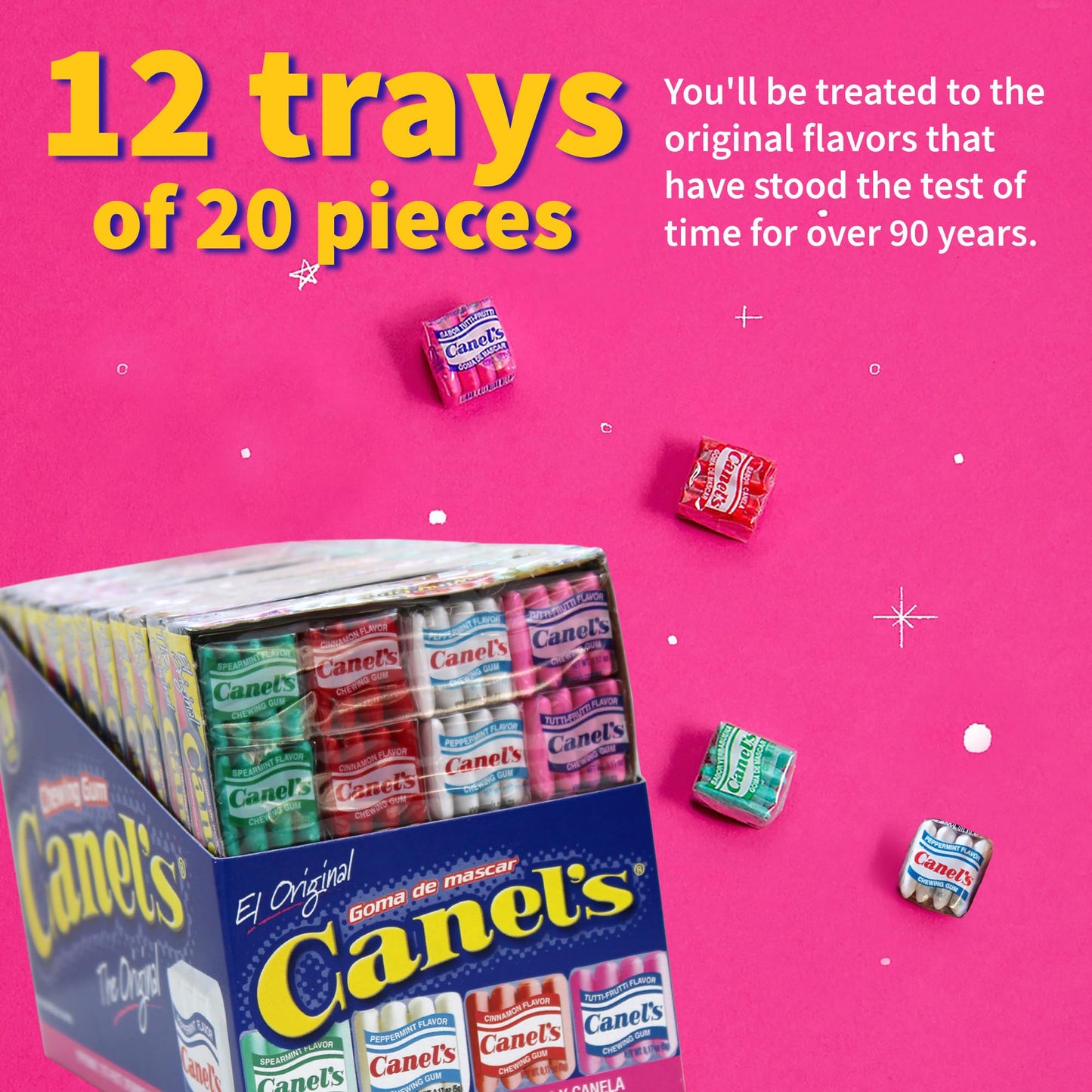 Canels 4-Piece Gum Pack Display in Original Flavors - Peppermint  Spearmint  Cinnamon  Fruit  Blueberry  Violet  and Menthol  240 Count