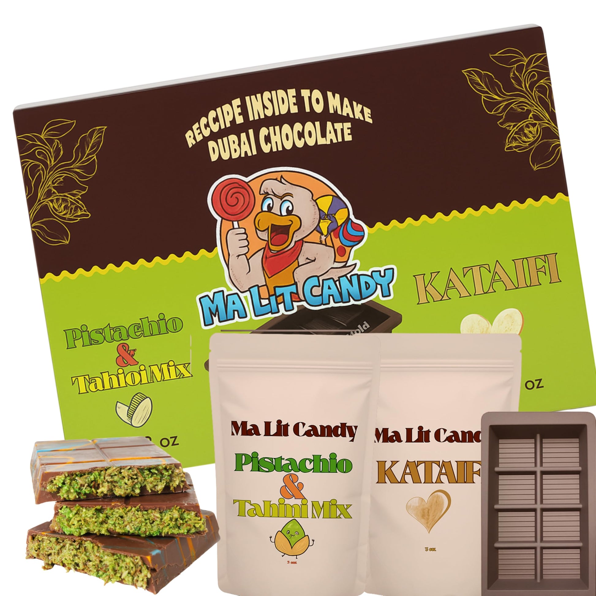 Ma Lit Candy Dubai Chocolate Bar Kit - Holidays Gift Box - Includes Kataifi, Pistachio & Tahini Cream, Recipe, & Silicone Mold - Chocolate Not Included - Tiktok Popular Dubai Knafeh Pistachio Bar Kit
