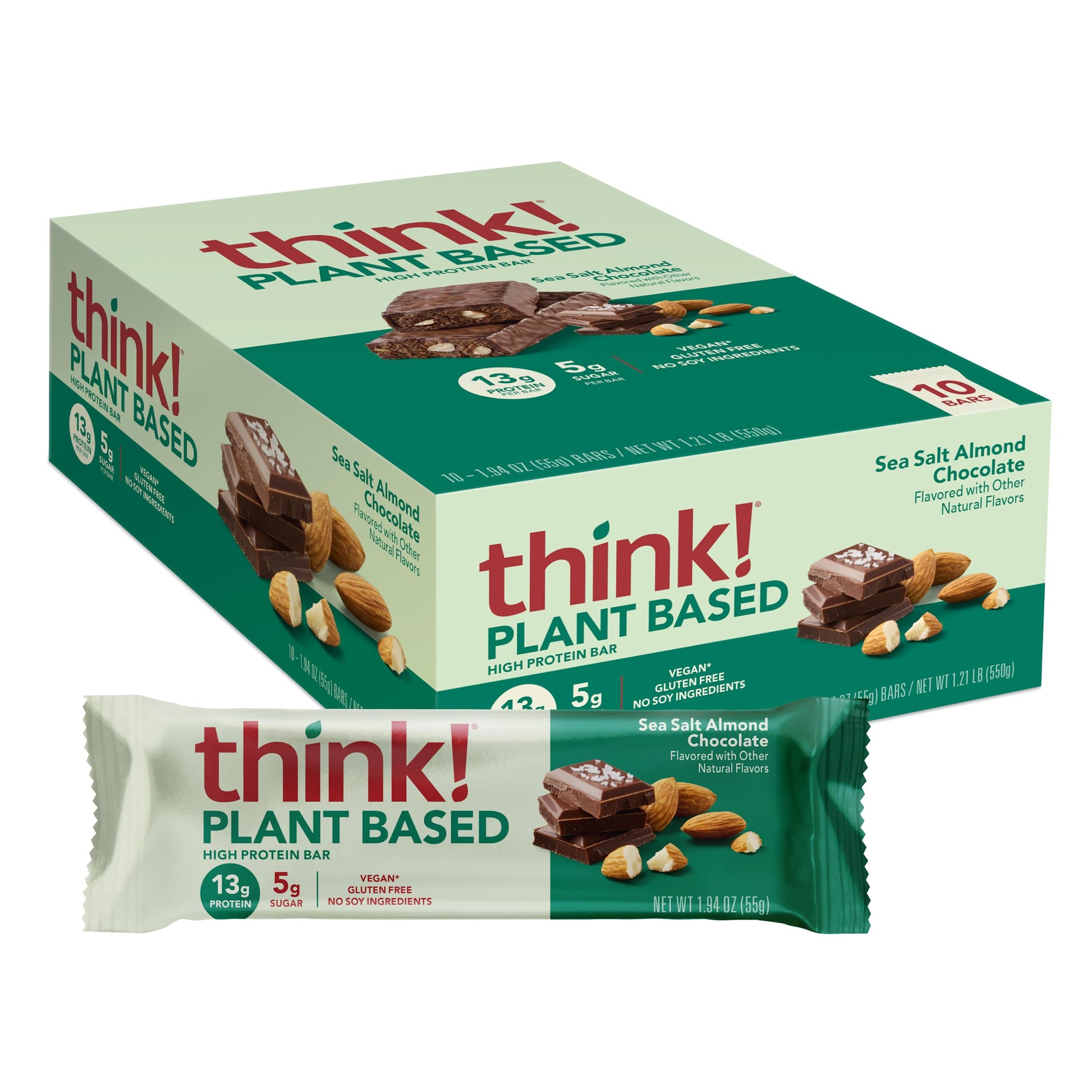 think! Vegan/Plant Based High Protein Bars - Sea Salt Almond Chocolate, 13g Protein, 5g Sugar, No Artificial Sweeteners, Non GMO