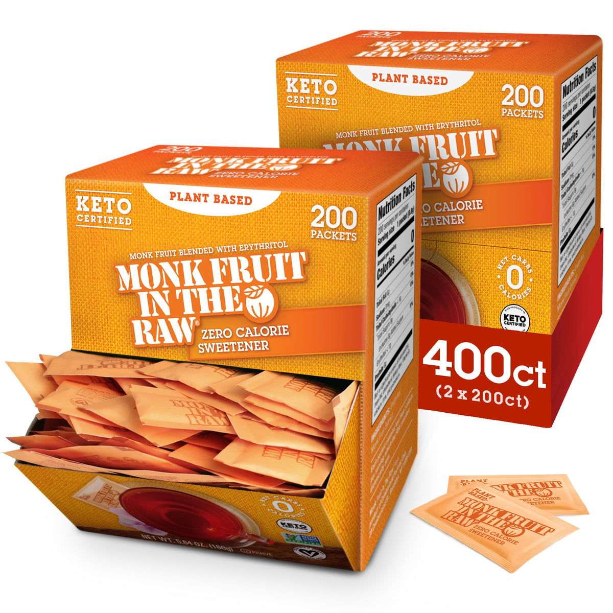 Monk Fruit In The Raw Sweetener Packets, 200 Ct Box, 2 Pack, Keto Certified Monk Fruit Sweetener Packets, Zero Calories, Zero Ne