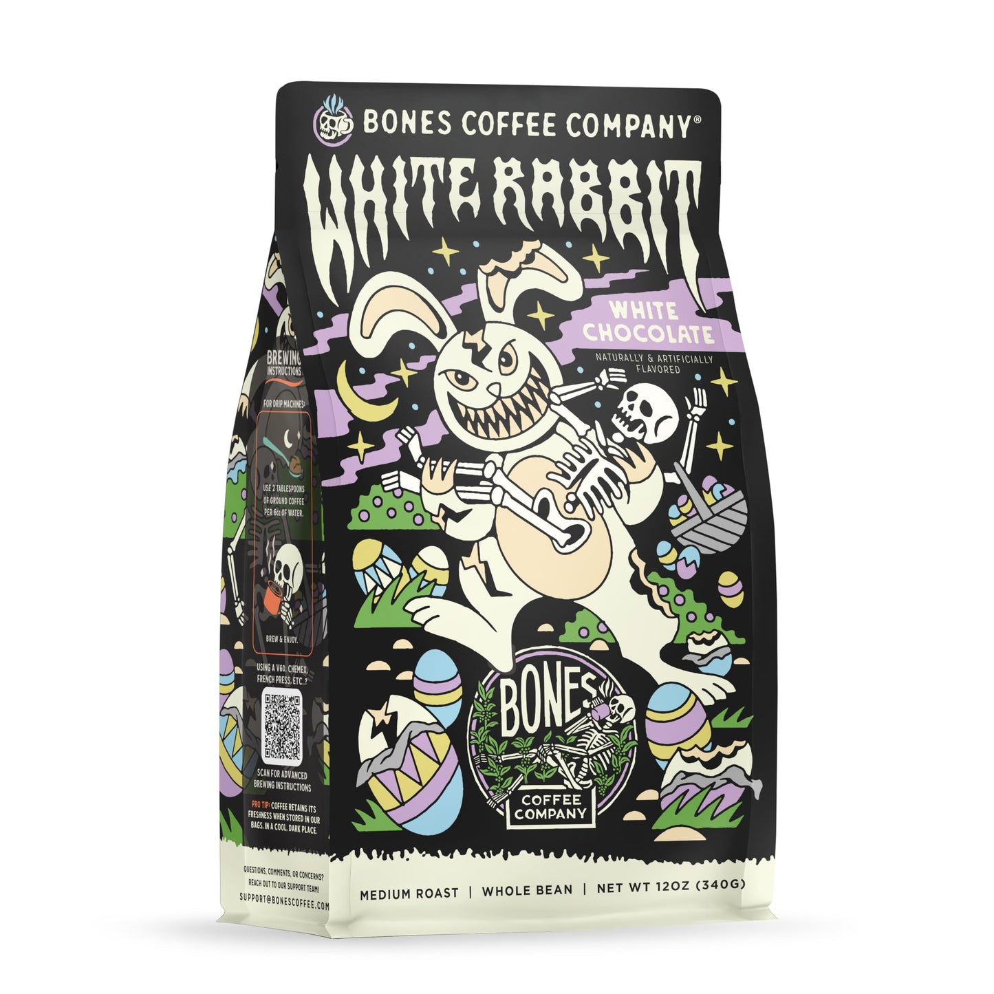 Bones Coffee Company White Rabbit  White Chocolate Flavored Coffee  Medium Roast Low Acid Arabica Beans Compatible With Auto Drip And French Press Coffee Maker  12 Oz Whole Bean