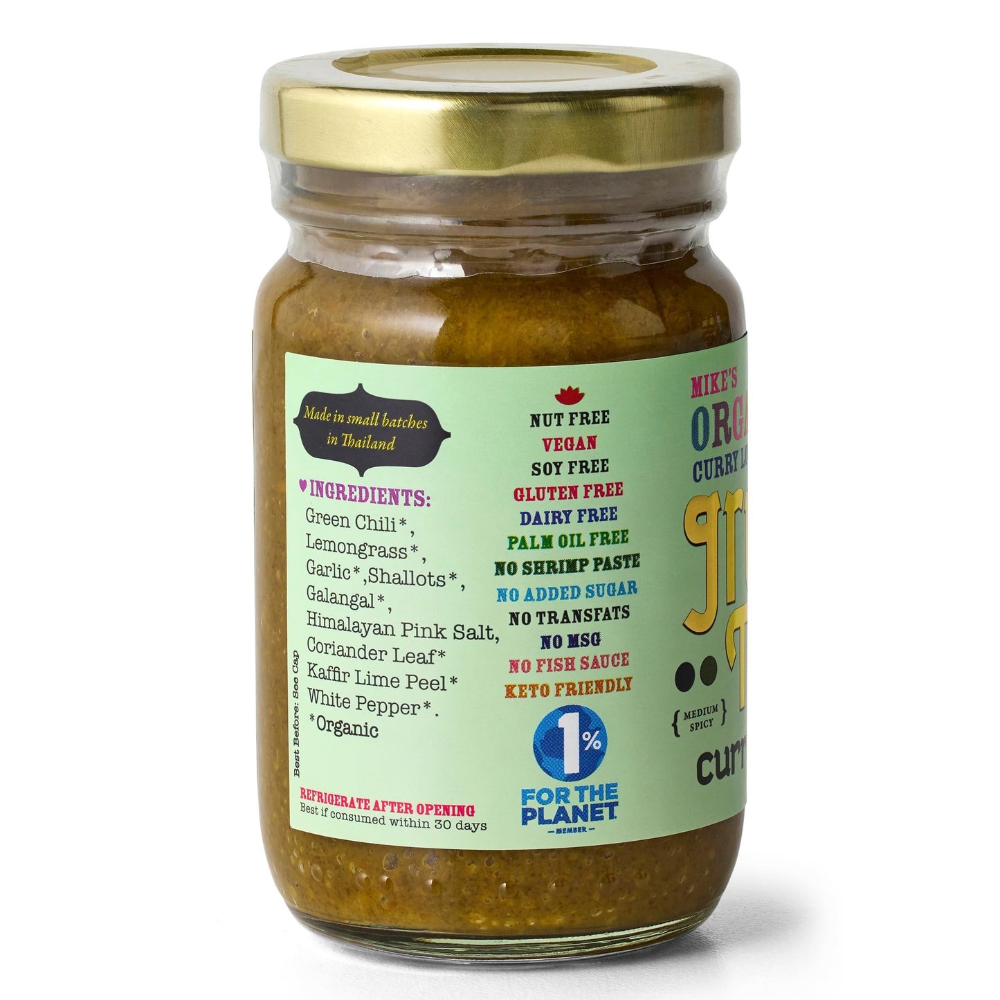 Green Thai Curry Paste ORGANIC. VEGAN. DAIRY FREE. SUGAR FREE. KETO FRIENDLY. MADE IN THAILAND. Case of 6 x 4.23 oz Glass Jars