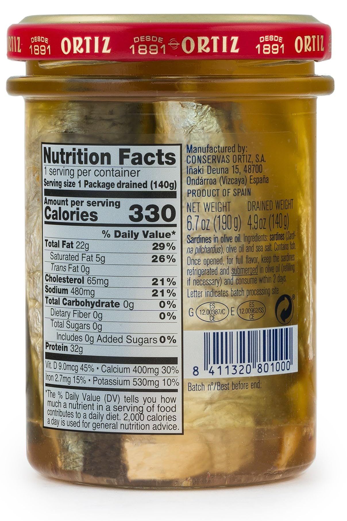 Ortiz Sardines A la Antiqua in Extra Virgin Olive Oil, Moist & Tender, 6.7oz Jar, Pack of 6 - Wild Caught in Spain