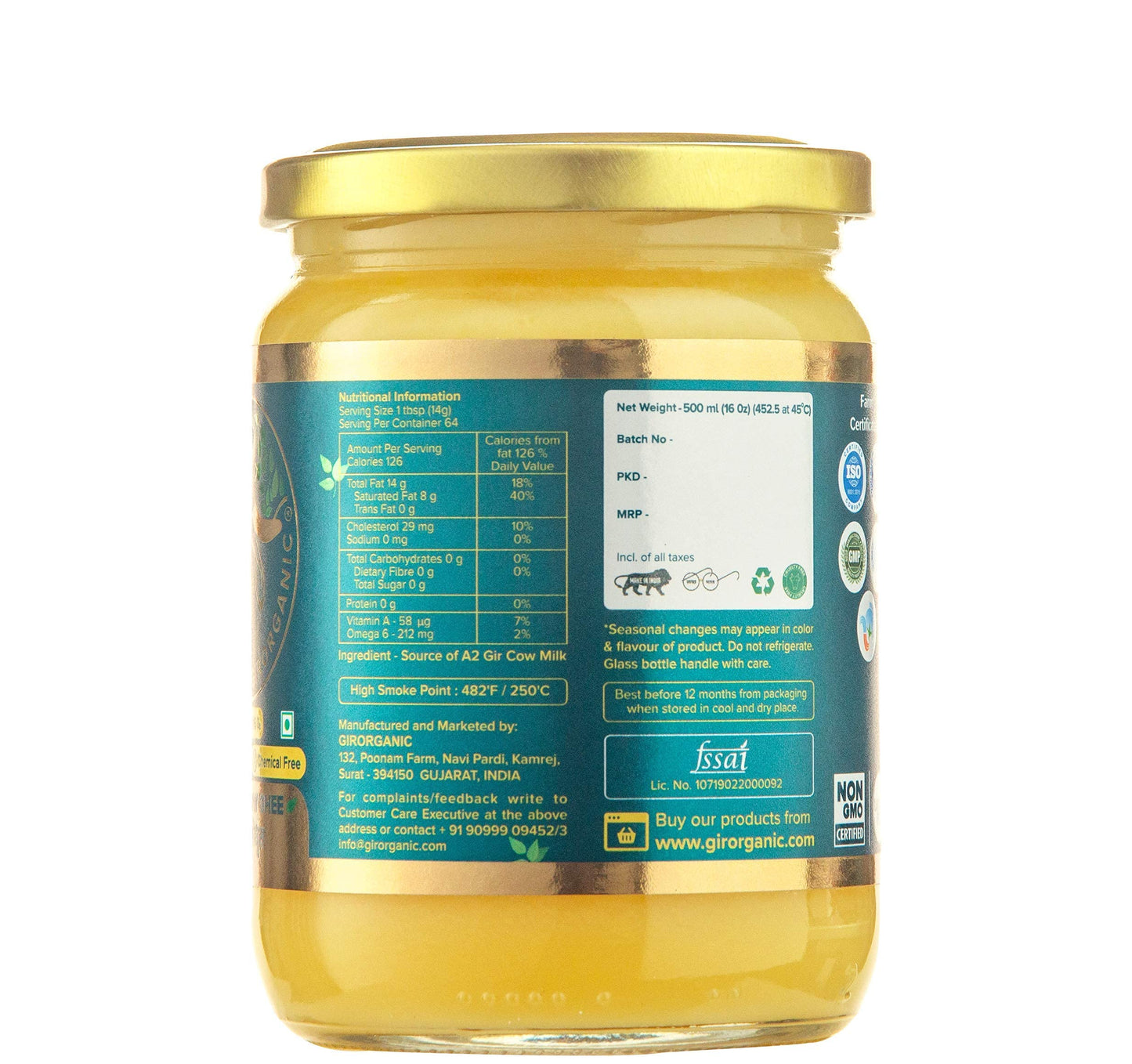 Girorganic Grass Fed A2 Ghee | Clarified Butter (16 Oz) - Unsalted Gir Cow Ghee Butter - Organic Ghee Oil - Pasture Raised, Lact
