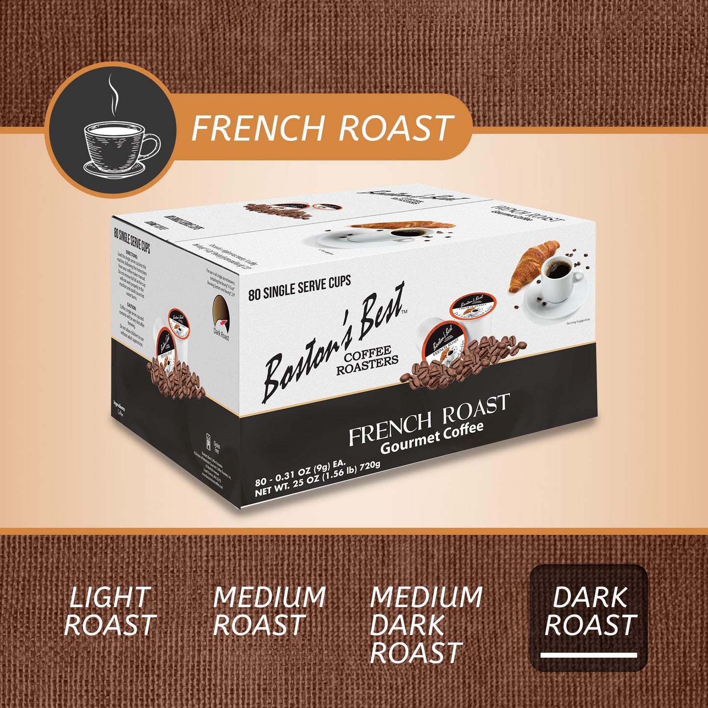 Bostons Best French Roast Coffee - Rich & Bold Dark Roast, Compatible with Keurig - 80 Single Serve Cups - Coffee