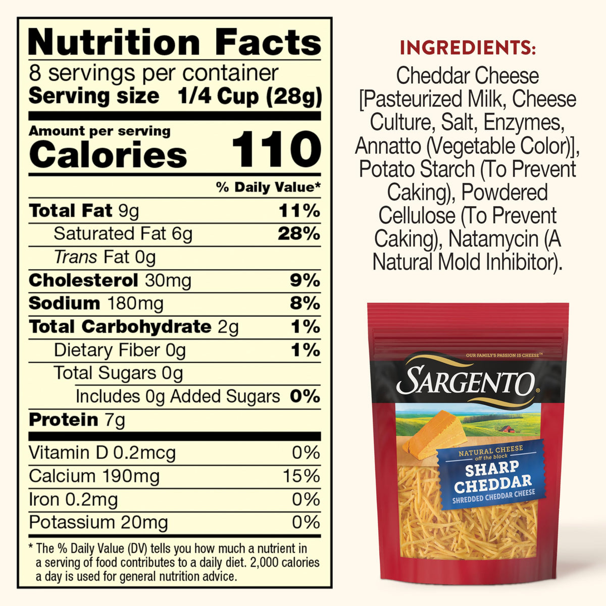 Sargento Natural Sharp Cheddar Shredded Cheese, Fine Cut, 8 oz