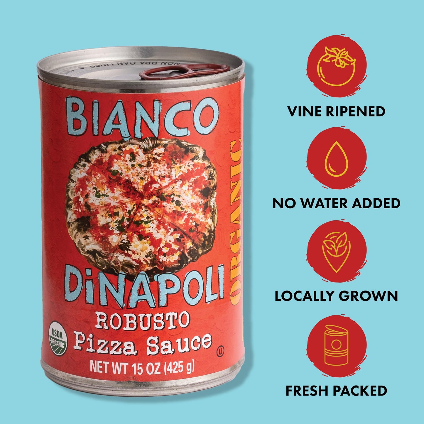 Bianco DiNapoli Organic Robusto Pizza Sauce, 15 oz Canned, Made with California Tomatoes, Garlic, Basil, Oregano, Extra Virgin Olive Oil, 8 Pack