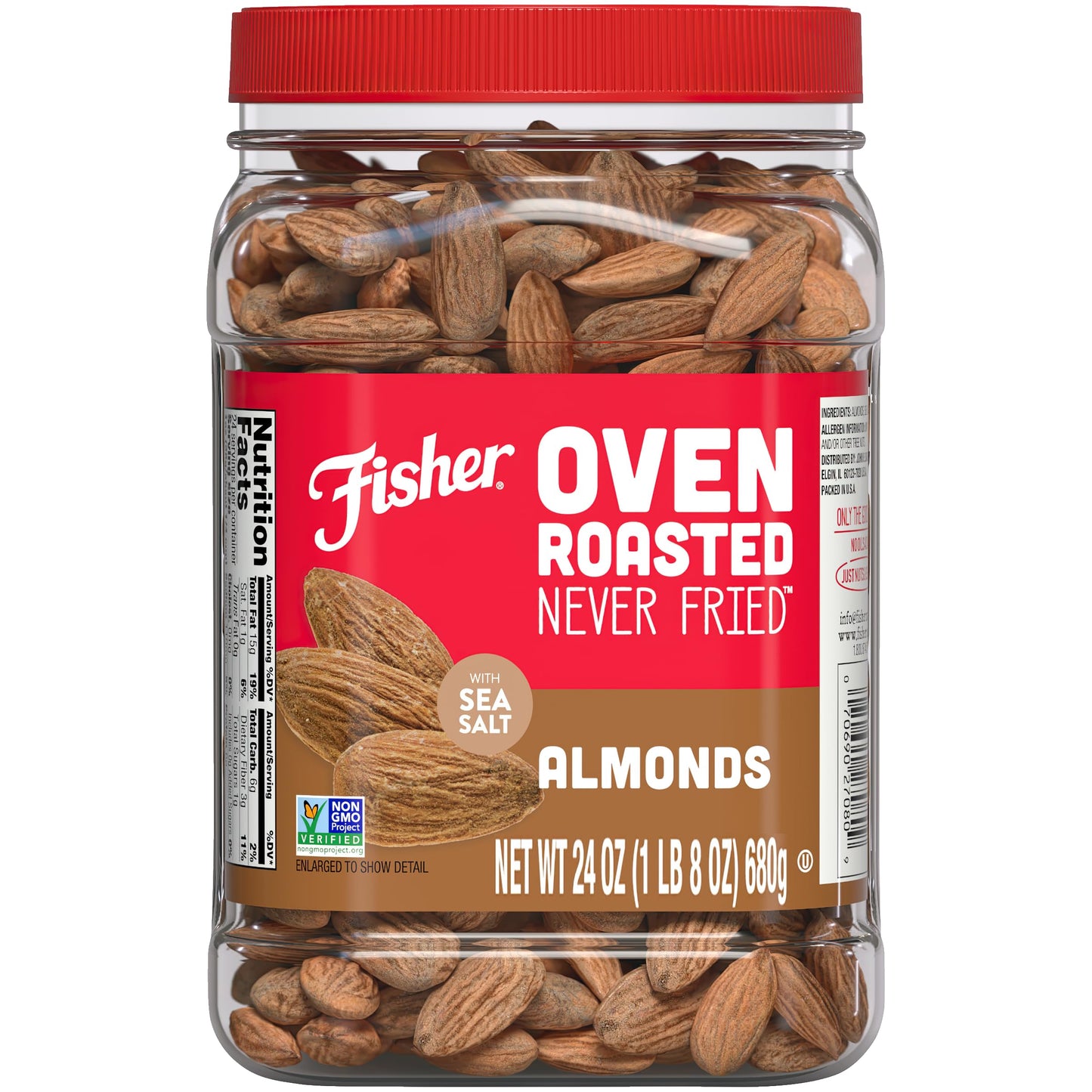 Fisher Oven Roasted Never Fried Almonds  24 Ounces (Pack of 1)  Heart Healthy Snacks for mature-themeds  Made with Sea Salt  No Added Oil  Artificial Ingredients or Preservatives  Gluten Free  Vegan Protein
