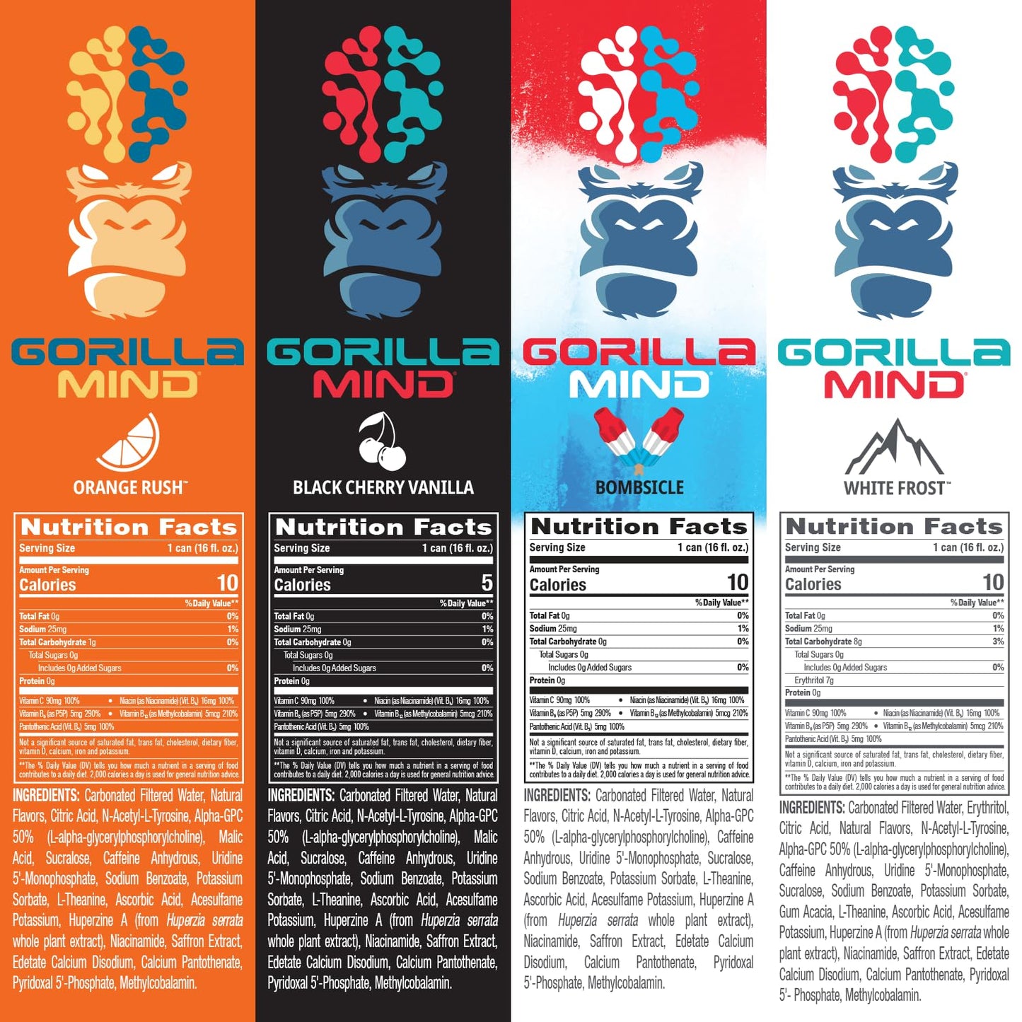 Gorilla Mind Energy Drink | Unmatched Energy  Amplified Focus | N-Acetyl-L-Tyrosine  Alpha-GPC  200mg Caffeine  Uridine  Saffron | 0 Sugar Or Artificial Colors | 16oz | 12-Pack (Variety Pack #2)