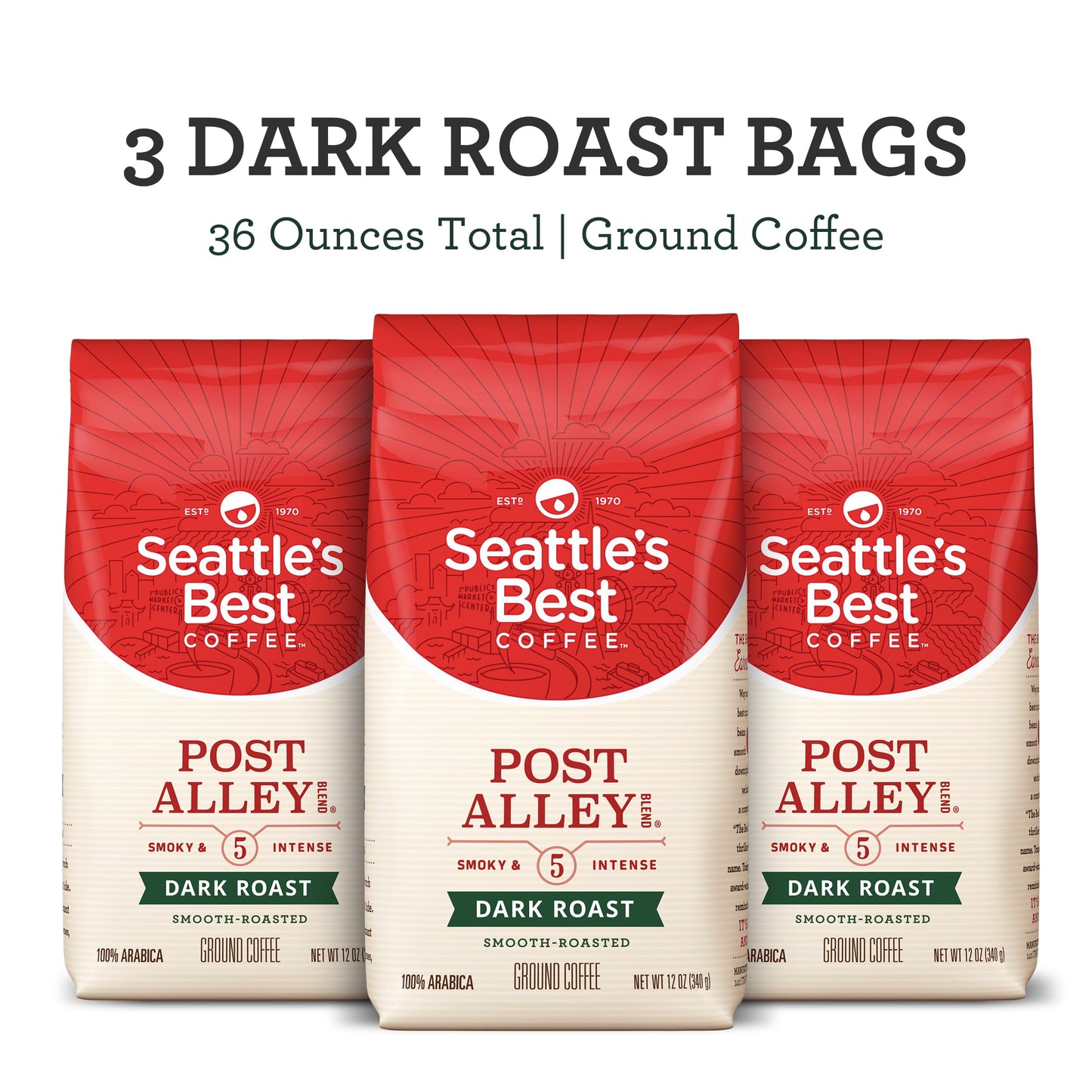 Seattles Best Coffee, Dark Roast Ground Coffee, Post Alley, 100% Arabica, 3 Bags (12 oz Each)