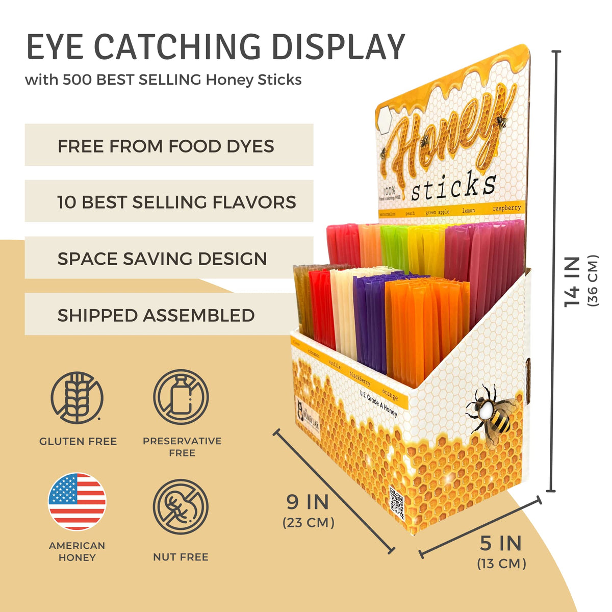 The Honey Jar - Traditional Honey Stick Retail Display With 500 Assorted Honey Sticks Perfect For Gift Shop, Grocery Store, Bout
