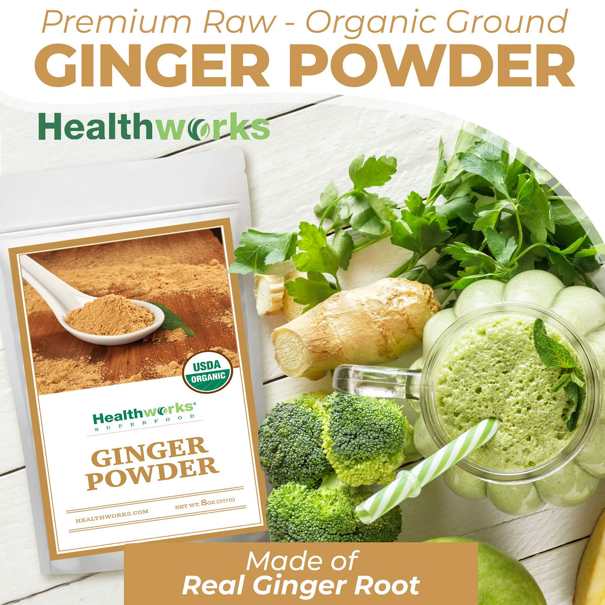 Healthworks Superfoods Organic Ginger Powder - 8 Oz - Ground, Raw & All-Natural - Keto, Vegan - Great with Coffee, Tea & Juices