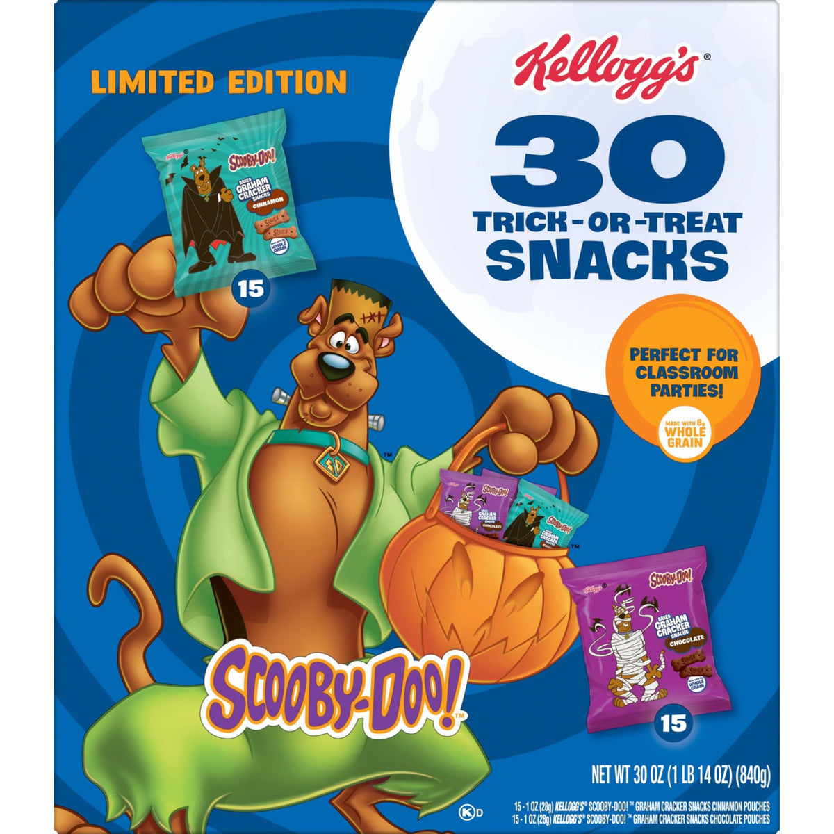 Kelloggs SCOOBY-DOO! Graham Cracker Snacks, Halloween Snacks, Trick or Treat, Variety Pack, 30oz Box (30 Pouches)