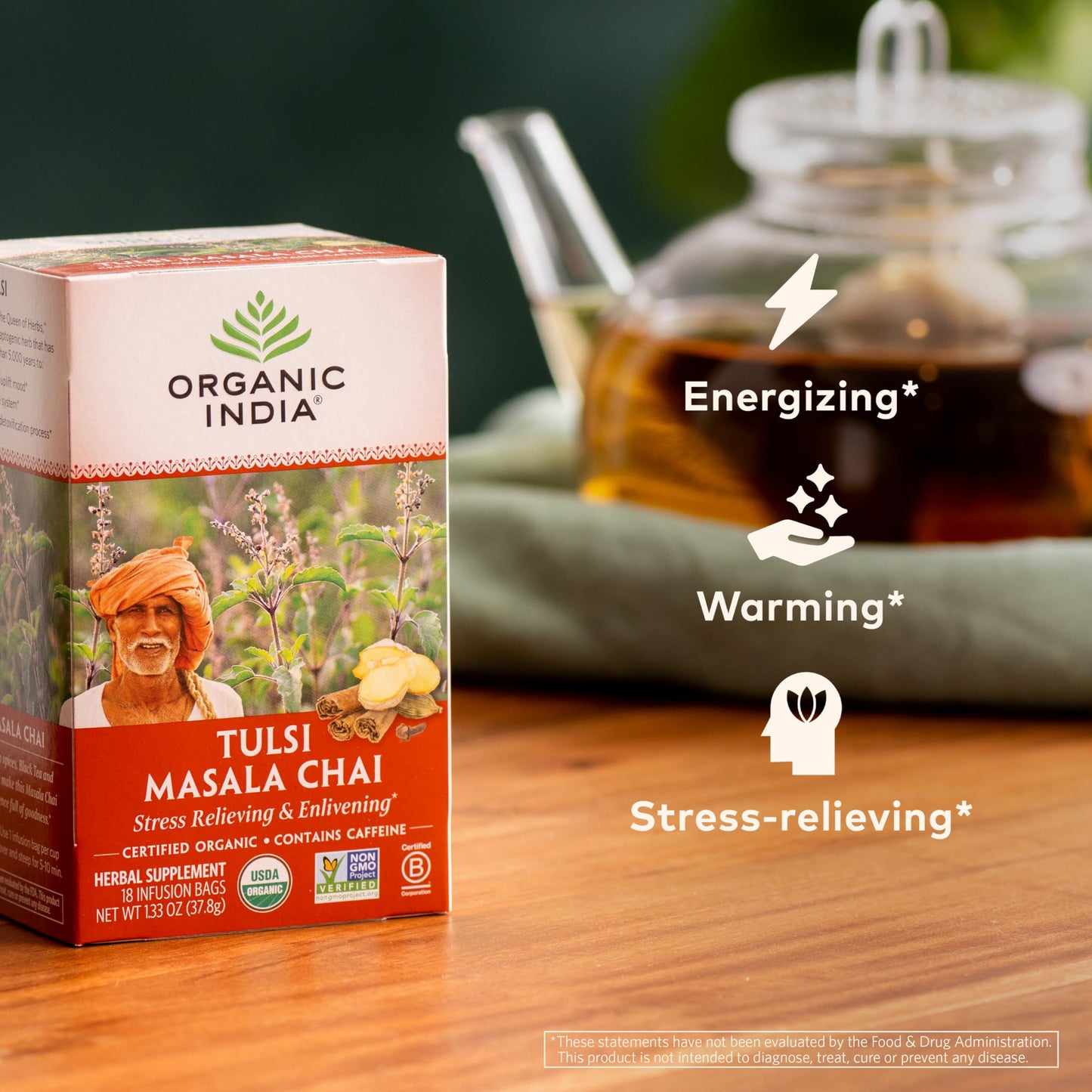 Organic India Tulsi Masala Chai Tea Bags - Holy Basil, Black Tea, Spices With Ginger, Stress Relieving, Immune Support, Usda Cer