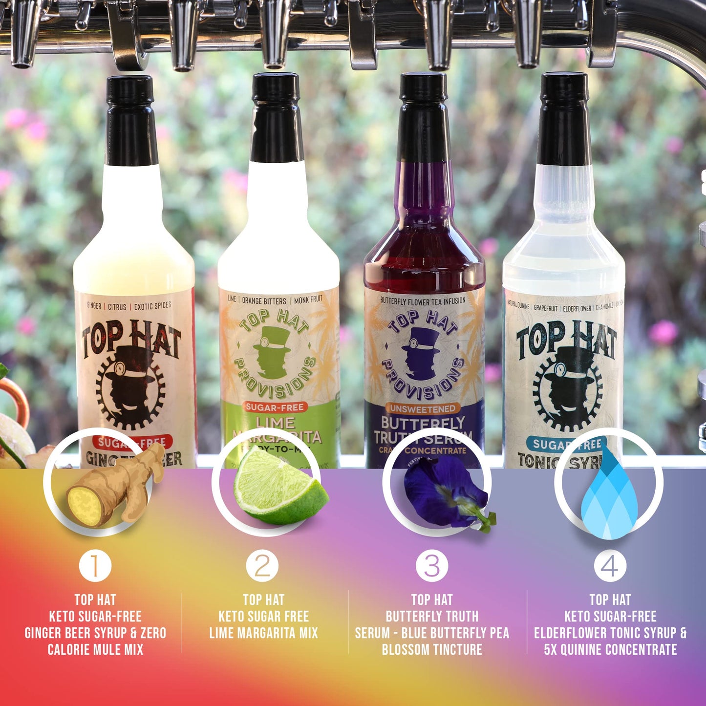 Top Hat Provisions Skinny Keto Cocktail Mixer Set - 4 Pack - 32 Fl Oz Bottles - Ginger Syrup, Tonic Syrup, Margarita Mix