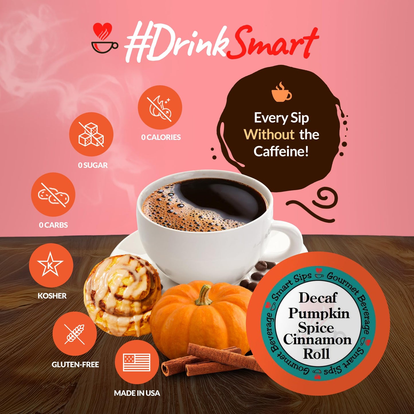 Smart Sips Coffee Decaf Pumpkin Spice Cinnamon Roll Medium Roast Single Serve Pods, 24 Count