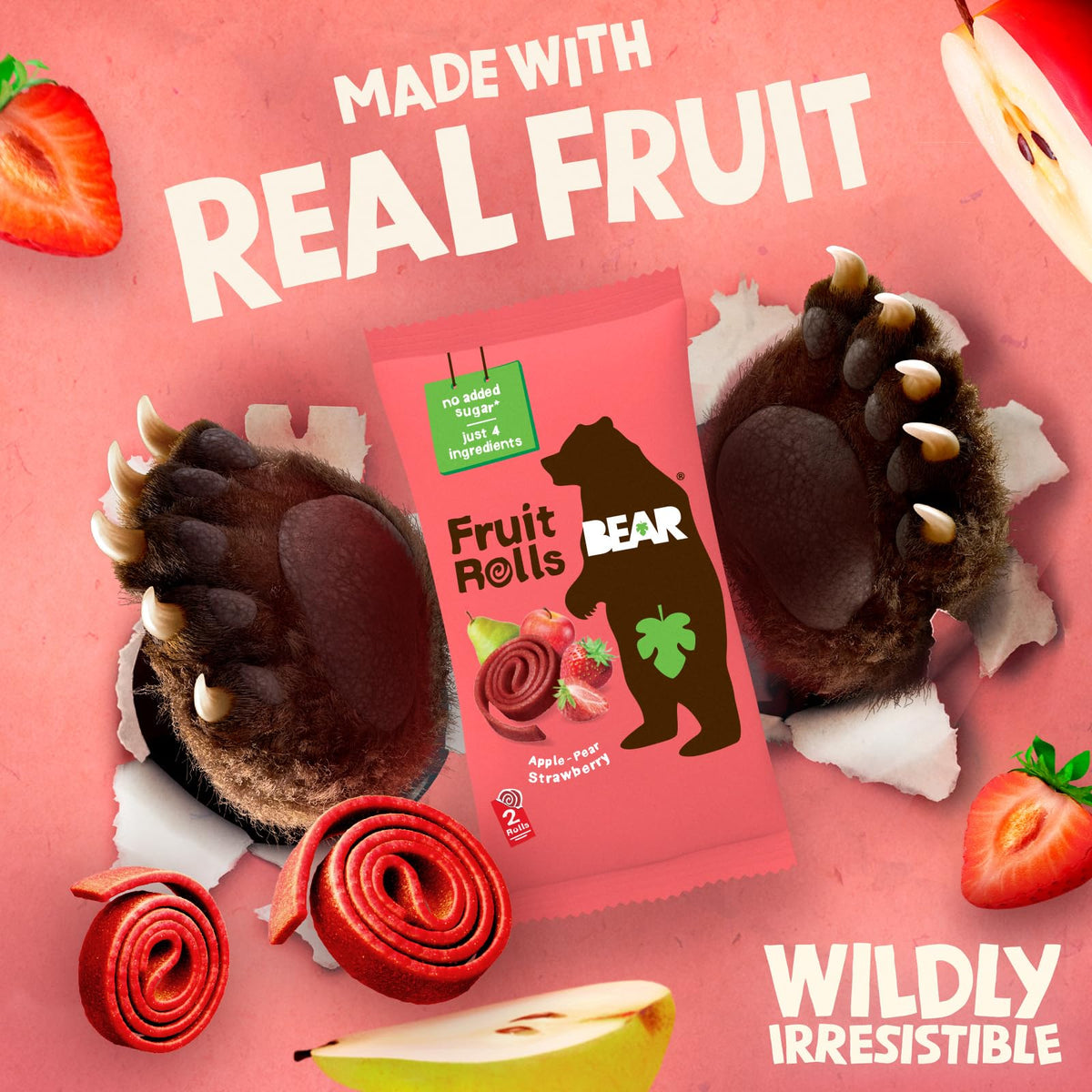 BEAR Real Fruit Snack Rolls - Gluten Free, Vegan, and Non-GMO - Strawberry - 36 Rolls, Healthy School And Lunch Snacks For Kids