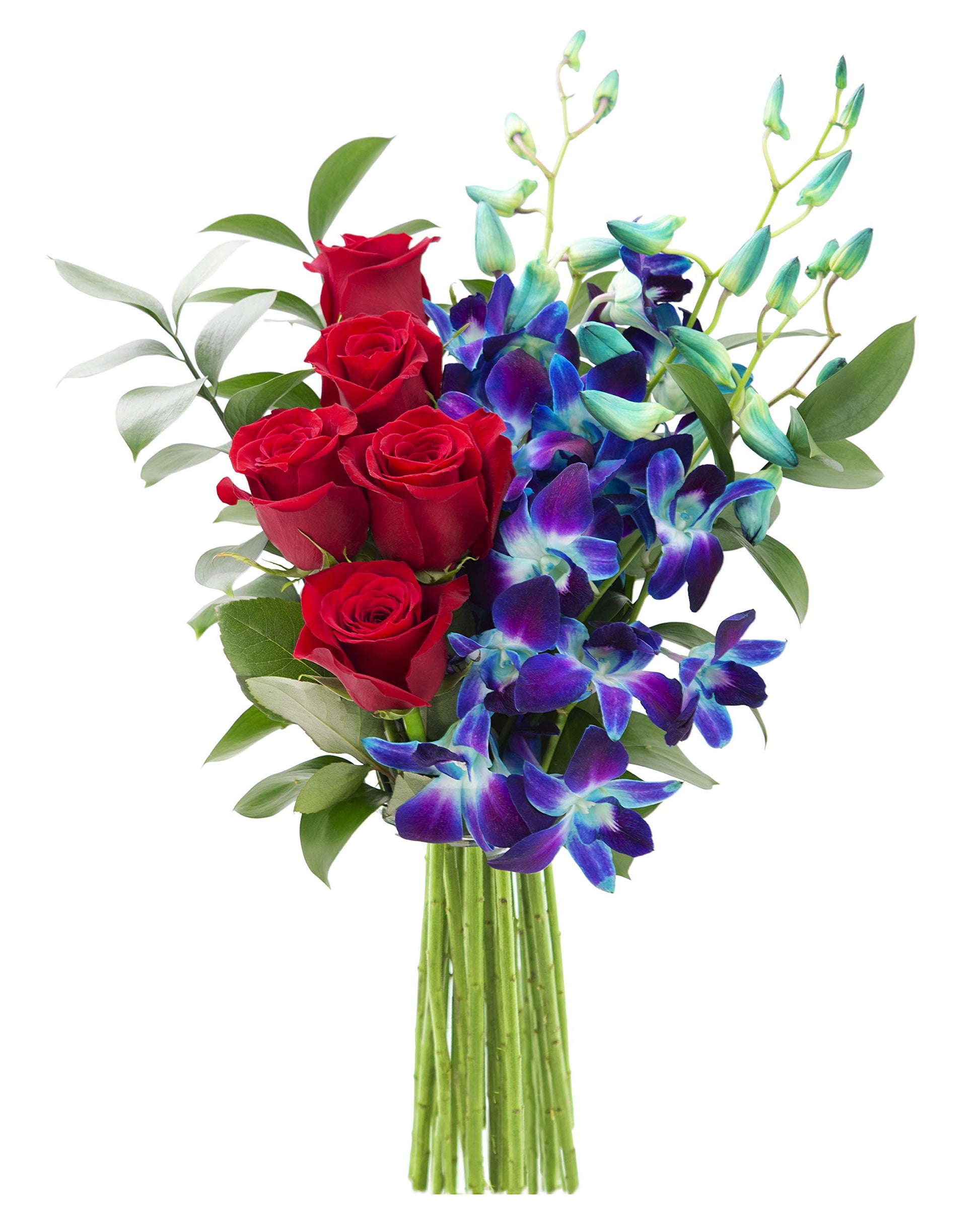 KaBloom Flowers - Mothers Day Collection - Sapphire Red Bouquet of Red Roses and Blue Orchids Without Vase. Gift for Birthday, 