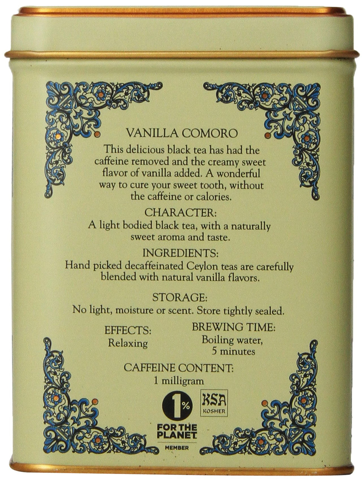 Harney & Sons Tea Decaffeinated, Great Present Idea, Vanilla Comoro, 1.4 oz Tin (20 Sachets) (Pack of 2)