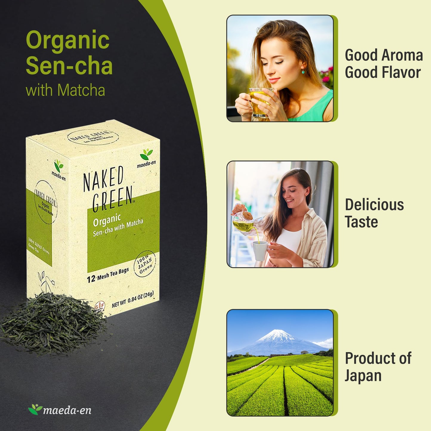 Maeda-En Naked Green Organic Sen-Cha With Matcha 12 Tea Bags Hot Or Cold Drink Green Tea Japanese Origin Individually Wrapped Te