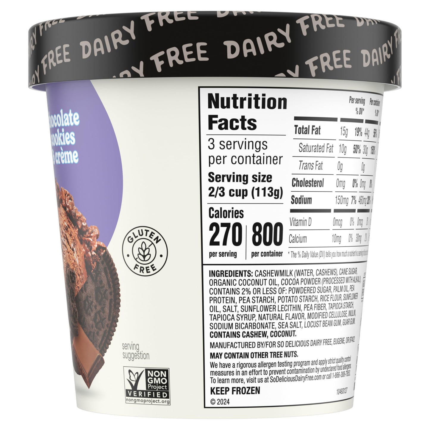 So Delicious Dairy Free Cashew Milk Frozen Dessert, Chocolate Cookies N Cream, Vegan, Non-GMO Project Verified, 1 Pint