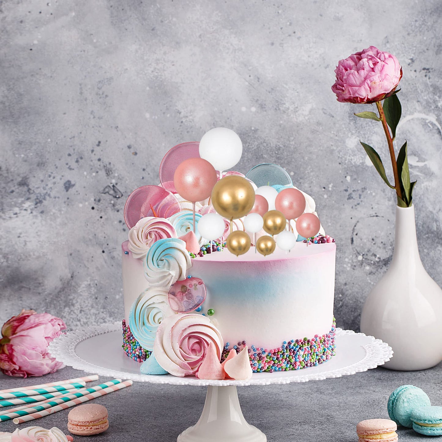 Gyufise 30Pcs Balls Cake Topper Mini Balloons Cake Toppers Foam Ball Cake Decorations Balloon Cake Topper Ball Shaped Cake Inser