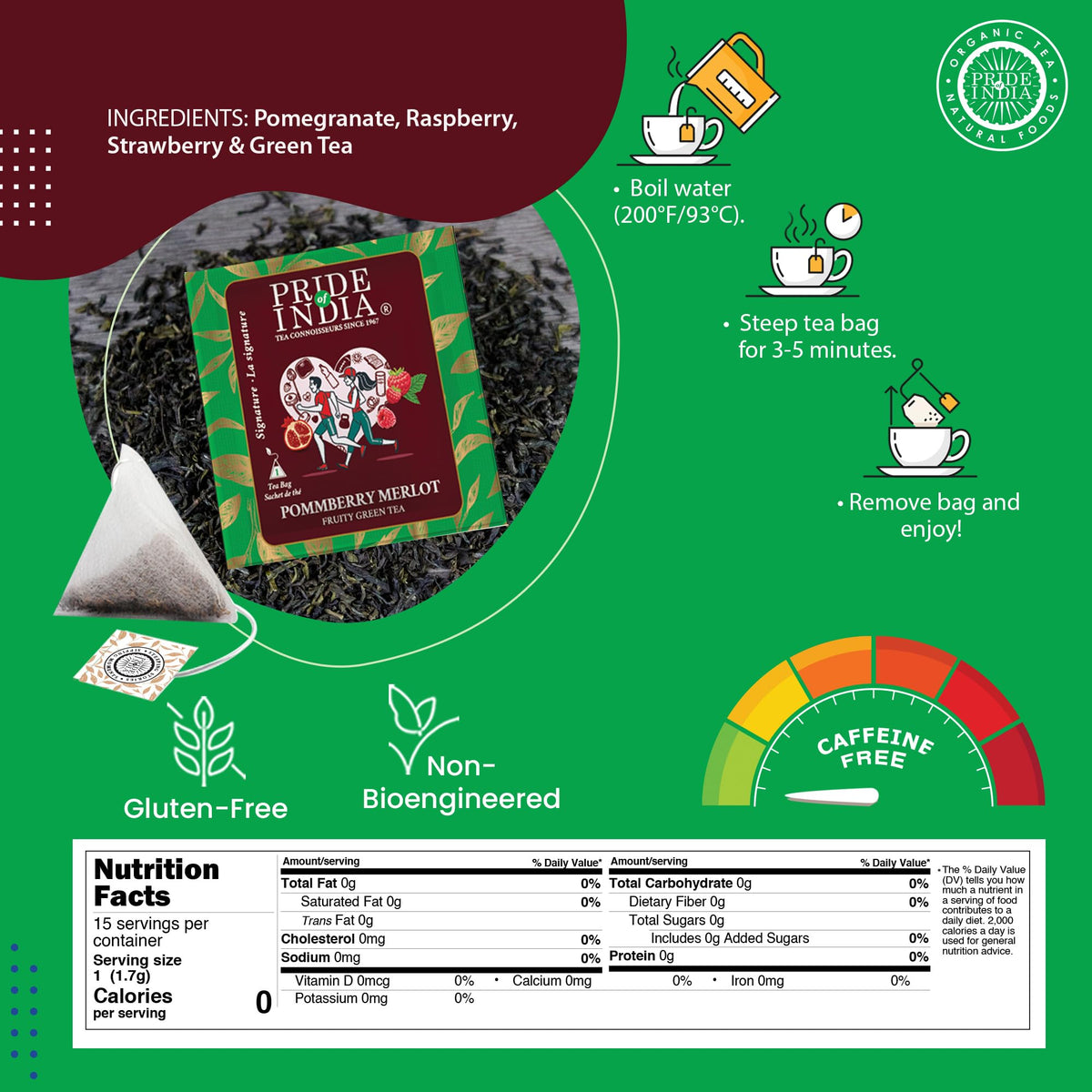 Pride Of India | Pommberry Wine-Inspired Fruity Green Tea | 15 Pyramid Full Leaf Individually Wrapped Tea Bags | Tangy & Fruity Flavor | Vibrant & Uplifting Experience | Caffeine Free, Non-Bioengineered