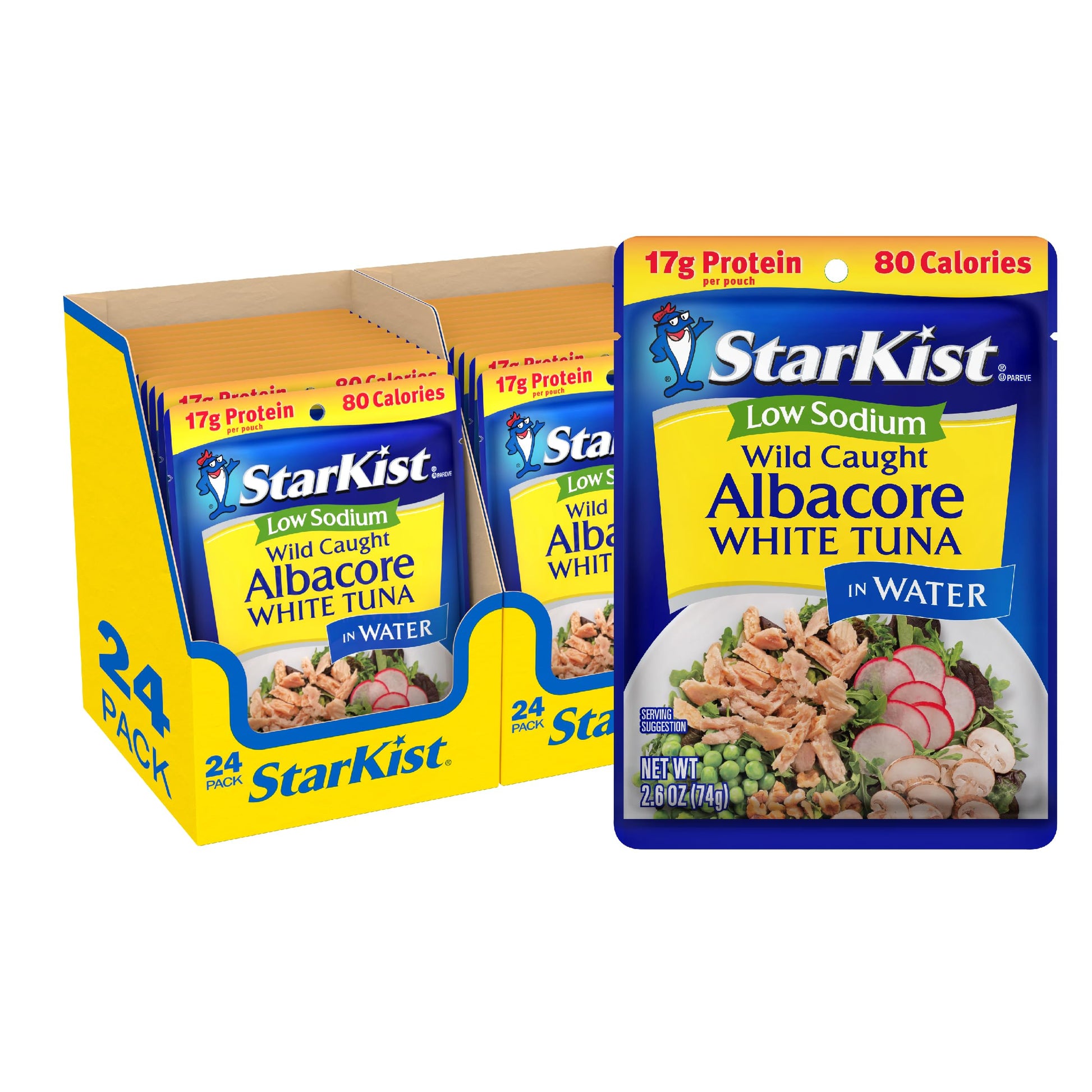 StarKist Low Sodium Albacore White Tuna in Water, 2.6 oz Pouch (24 Pack) Ready to Eat Wild Caught Tuna, 17g Protein, 80 Calories