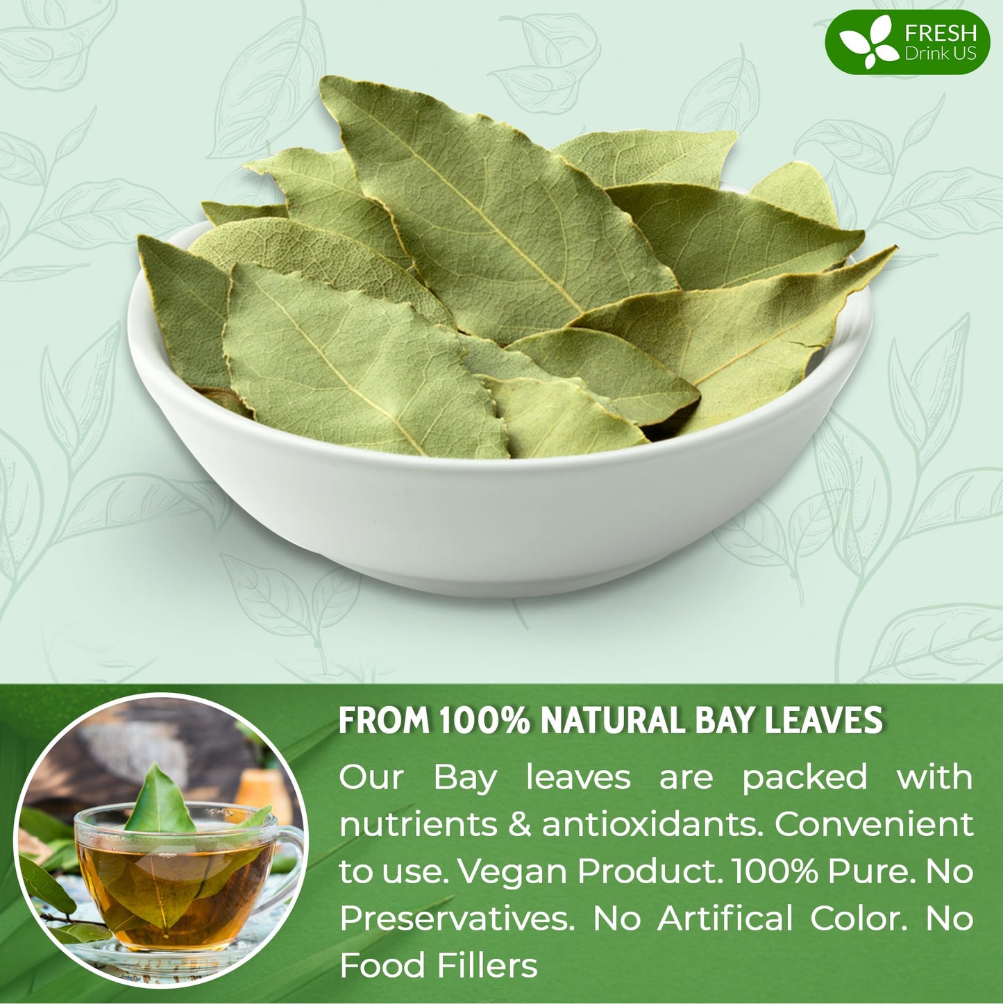 Freshdrinkus 275+ Enhanced Dried Bay Leaves, Bay Leaf Tea, Bay Leaves Spice, Whole Nice Leaves, Wildcrafted, Fresh Harvested, Bay Leaves For Cooking, Sugar-Free, Gluten Free, Caffeine Free, Vegan